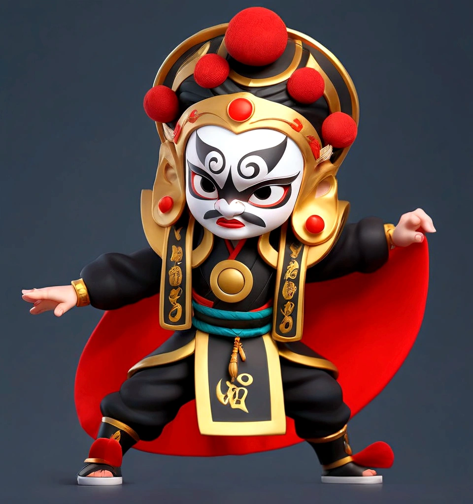 Close-up of a cartoon character wearing a red cape, Peking Opera, Inspired by Pu Hua, Inspired by Hu Zaobin, Inspired by Wu Bin, Ashura,From Chinese mythology,3D Intellectual Property Design, Pop Matt Style, Blind Box Toys, A super cute Chinese boy with Chinese Sichuan Opera characters, Chinese Traditional Festivals, Red, Black clothing,Happy, kung fu pose, Studio Lighting, Clean background, 3D, c4d, Blender, Redshift, Super detailed,