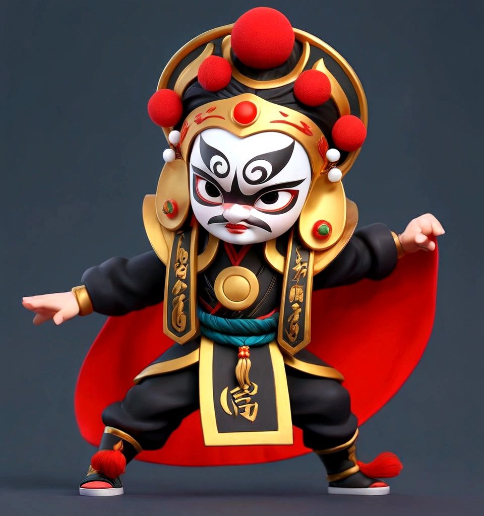 Close-up of a cartoon character wearing a red cape, Peking Opera, Inspired by Pu Hua, Inspired by Hu Zaobin, Inspired by Wu Bin, Ashura，From Chinese mythology,3D Intellectual Property Design, Pop Matt Style, Blind Box Toys, A super cute Chinese boy with Chinese Sichuan Opera characters, Chinese Traditional Festivals, Red, Black clothing，Happy, kung fu pose, Studio Lighting, Clean background, 3D, c4d, Blender, Redshift, Super detailed,