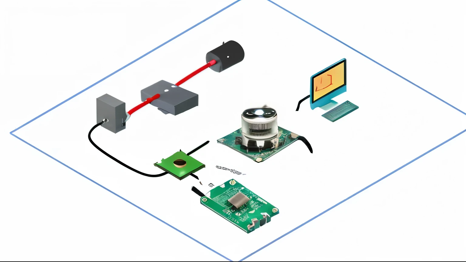 Start from the top right，Laser transmitter，optical fiber，V-groove，另一根optical fiber，两根optical fiber在V-groove上对准，And peel off a section of the coating，然后第二根optical fiber连接到光电二极管上，Then connect to the cross-group amplifier，The transimpedance amplifier is powered separately by the power module，The other end of the cross-group amplifier is connected to the signal acquisition card，Finally connected to。I want this installation to be similar to the installation diagram in the Nature paper