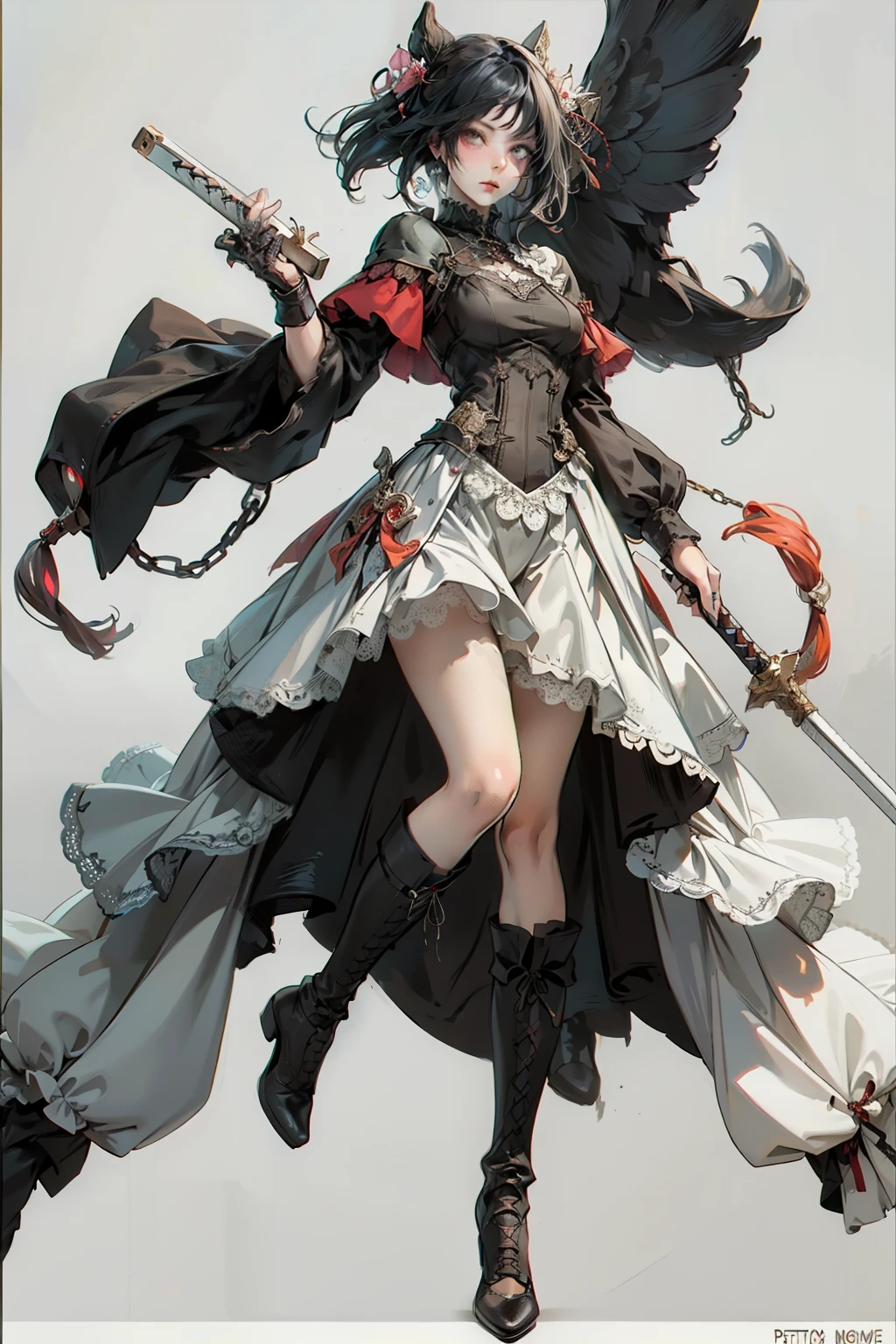 ((best quality)), ((masterpiece)), (detailed), blank white background, plain background, white background, red and white clothing, Bloodborne inspired, occult aesthetic, occult, detailed and intricate steampunk and detailed gothic, NSFW, Very dramatic and cinematic lighting, cosmic horror, grim-dark, side-lighting, perfect face, NSFW, Fluttering lace flared long knee length dress with frilly petticoats, knee length dress, pleated petticoats, lolita dress, petticoats gothic lolita, complex lace boots, side-lighting, gothic lolita aesthetic, wielding a mighty sword, carbine, NSFW, beautiful small breasts, small breasts, full body, whole body, body, plain background, white background, blank background, no background, white background NSFW, full body, whole body, head-to-toe NSFW