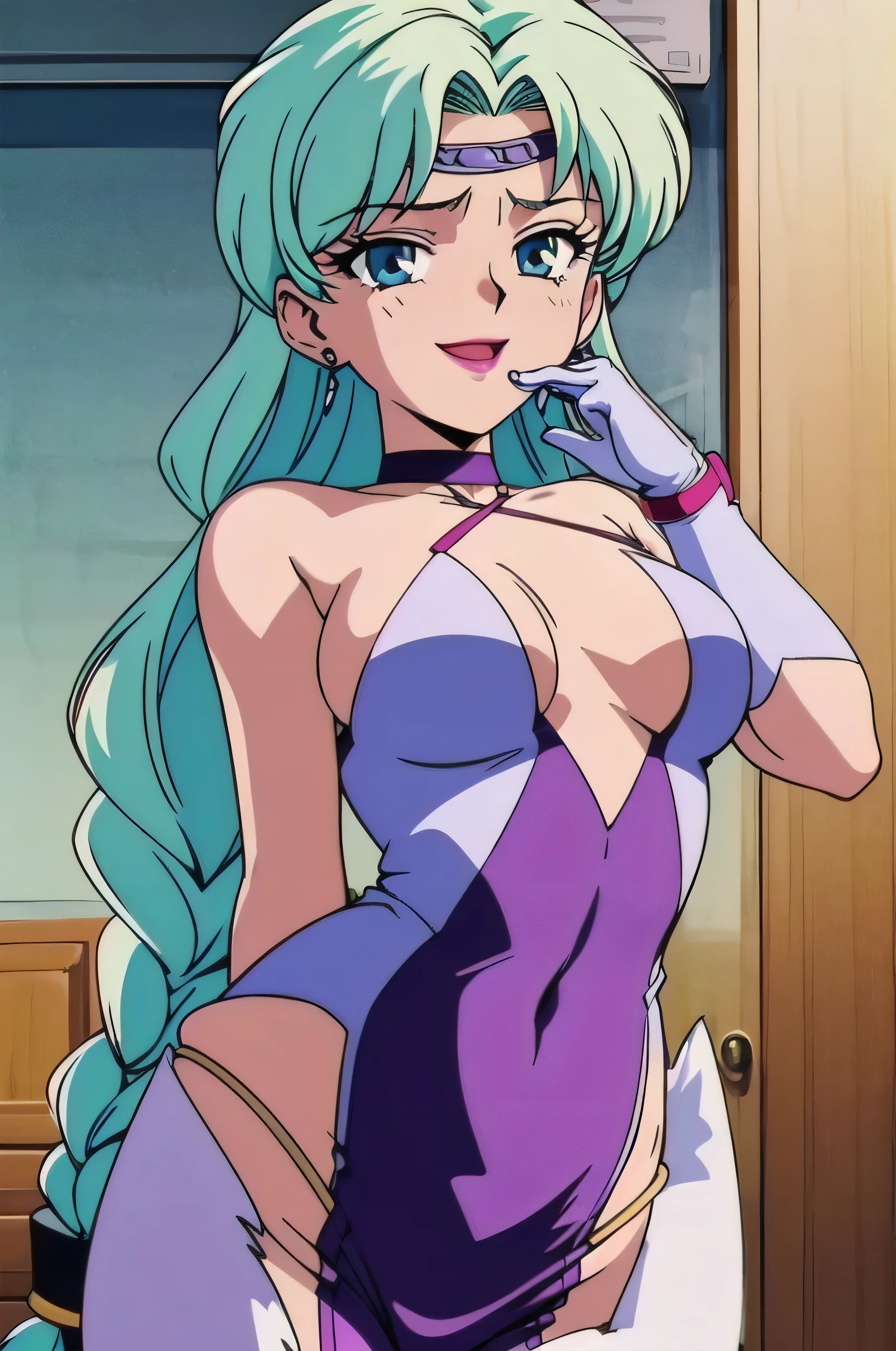 1girl, solo, facing viewer, looking at viewer,,evil smile, BERTIE,lightblue leotard,elbow gloves,thighhigh boots,Highly detailed CG Unity 8K wallpaper, perfect lightingofficial art,short pants,(beautiful_face:1.5),(narrow_waist),,Highly detailed CG Unity 8K wallpaper, perfect lighting, anime screencap, retro artstyle, anime coloring, traditional media,evil huge laugh,lipstick,black and dark aura backgroud,sadistic,shaded face,single braid,smile worst,erotic,lewd,one braid,roll bondage elbow gloves,