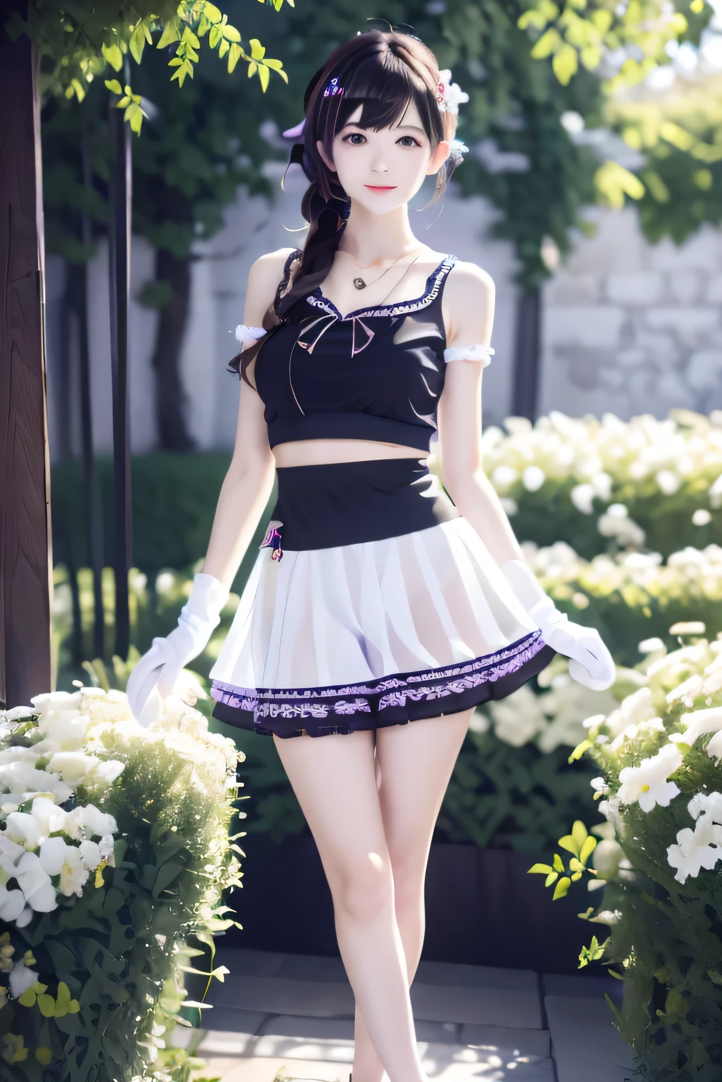 masterpiece, best quality, Extremely detailed 8k wallpaper, 1 Girl, outdoor, Helena(Azur Lane),strapless skirt, skirt, layered skirt,White flowers, Hair accessories, Purple Eyes, (Necklace), Outline, (Black gloves), Bare Legs,Various cute and playful actions