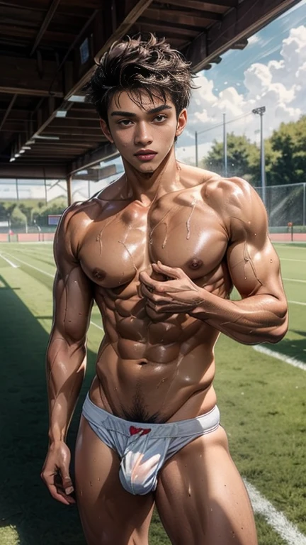 Anime style, Boy, , 17 yearserfect, round shiny buttocks, SWEATY BODY,Front light, wet thong, The sun shone on front off his body, Very wet body, sweating,  exposing his sexy chest, Very hot sunny day, Fluffy chest, Curly Short hair , squat pose, on the sport field, seducing, just Wearing wet white Tiny thong exposing his big bulge, very wet body, fit body, teenager, Very youngr boy, Vereat covering all over the body, Sweat dripping all over the body, The colors are bright and vibrant, enchancing the overall aesthetic, don't merge body's, detailed eyes and lips, sixpack and fit body Anime style, oil painting,