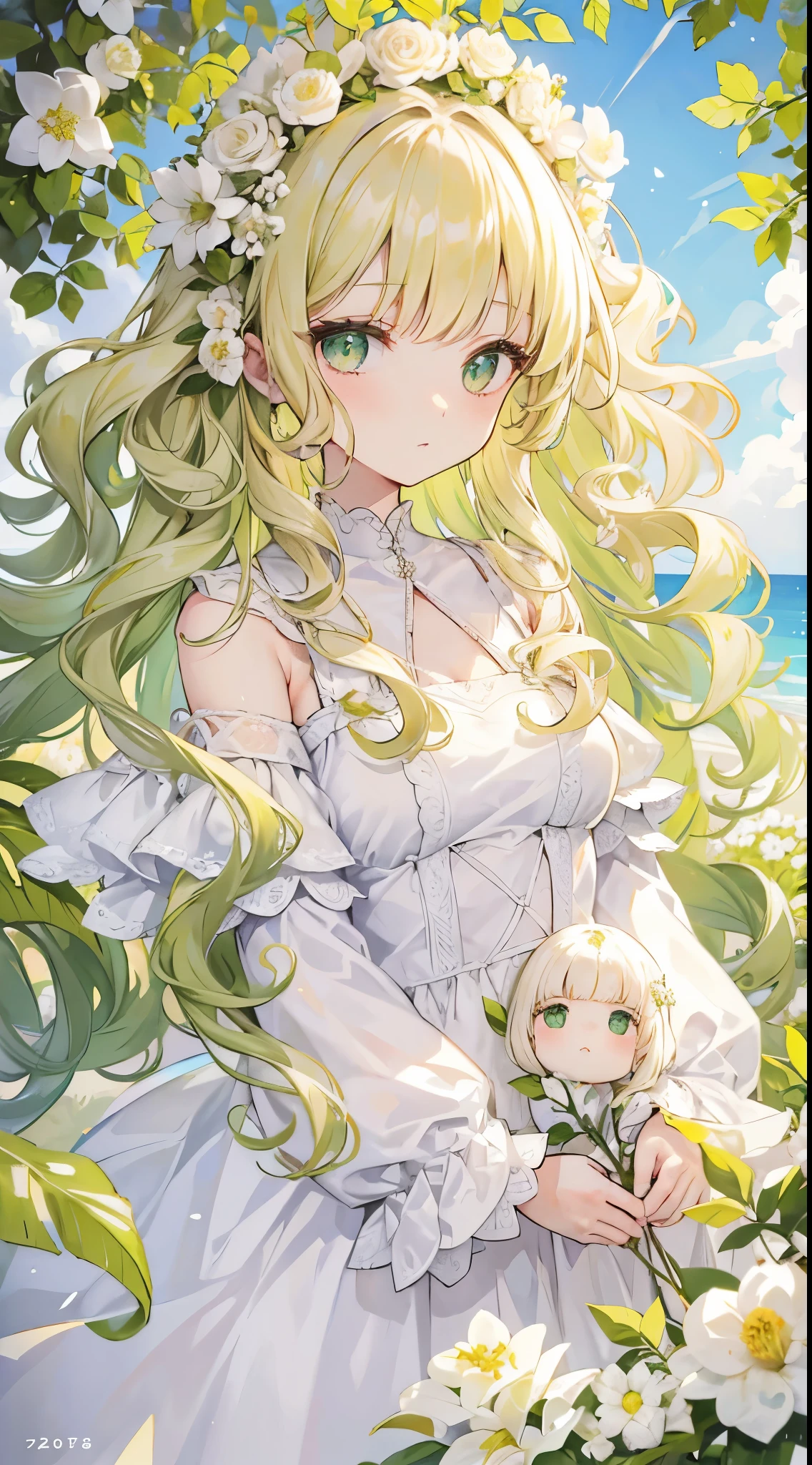 Blonde、Long Hair、Green Eyes、Curly Hair、Curly Hair、Lady、White flower、White Dress、sunlight、Fluffy bangs、Curly bangs、Curly bangs
