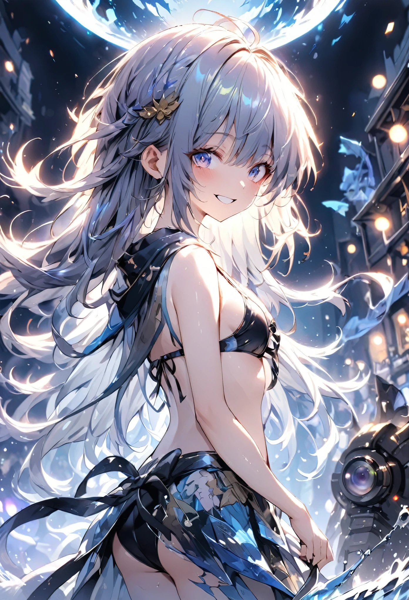 masterpiece, best quality, insanely detailed, beach, cute, full body shot, from behind, cowboy shot, foreground-background emphasis composition, Full-HD, 16K, absurdres, a girl, twins, wink, looking back, two side up, covering one eye, multicolored hair, odd eyes, big eyes, slender, bikini, with a tattoo, 20-year-old, japanese, lens flare, shining lights, fish-eye lens, shallow depth of field, in focus with blurred background, excited, blissful, cheerful grin, ground-level shot, burning-edge, moonlight, bloom, bloom, camera obscura, in the style of luminosity of water, with a big full moon, at night, dragon knight