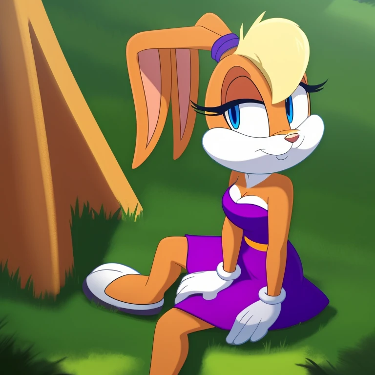 masterpiece, high quality, UHD, Lola Bunny, attractive, gorgeous body, strapless dress, cleavage, jewelry, sitting on the grass, pose, close up, 