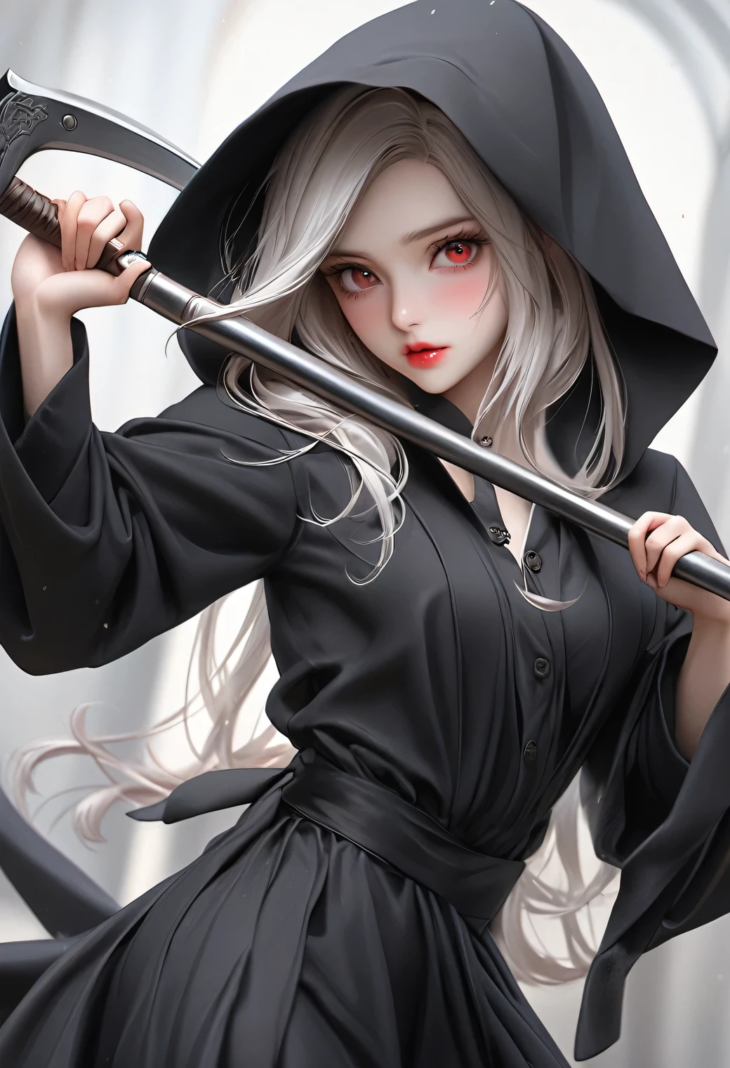 fantasic Illustration, masterpiece: 1.2, highest quality, highres, 16k, beautiful detailed, ultra-realistic, photo realistic: 1.37, beautiful grim reaper girl wielding a large sickle, motion blur (around sickle), growing red eyes, shining pupils, blushed cheek, shiny rosy lips, delicate beautiful (hair, face, eyes, pupils, sickle), full-body view, dynamic posing