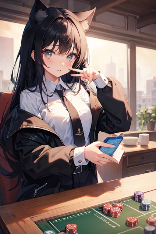 Black Hair，Black clothing，Cat ear，Girl，Poker face，tie