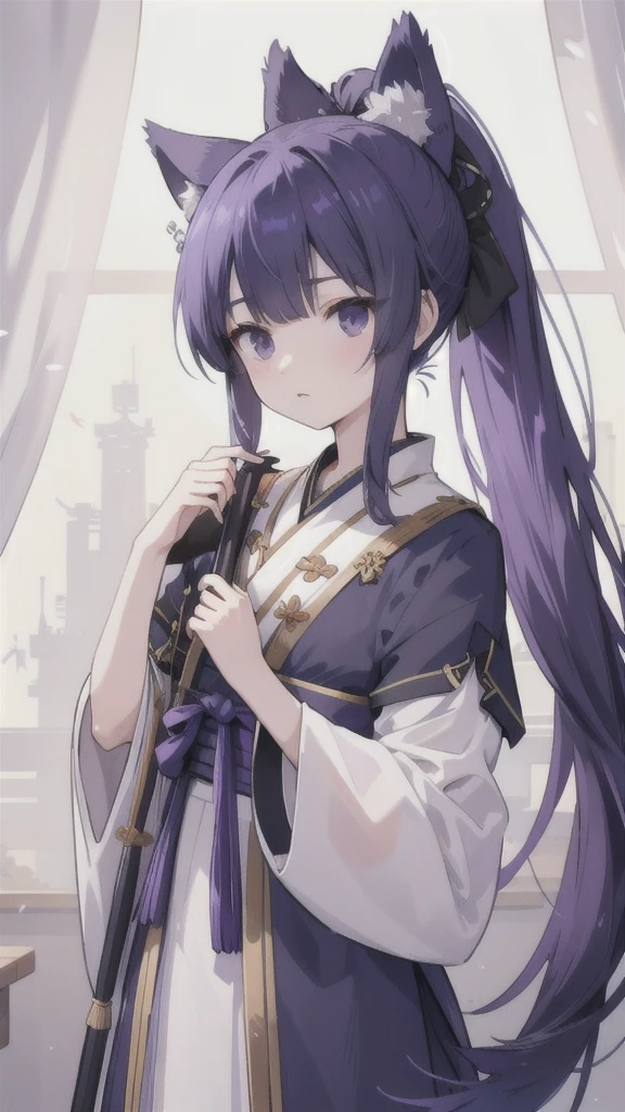Navy blue short ponytail，black eyes，Wolf's ears，Purple Hanfu armor，longbow