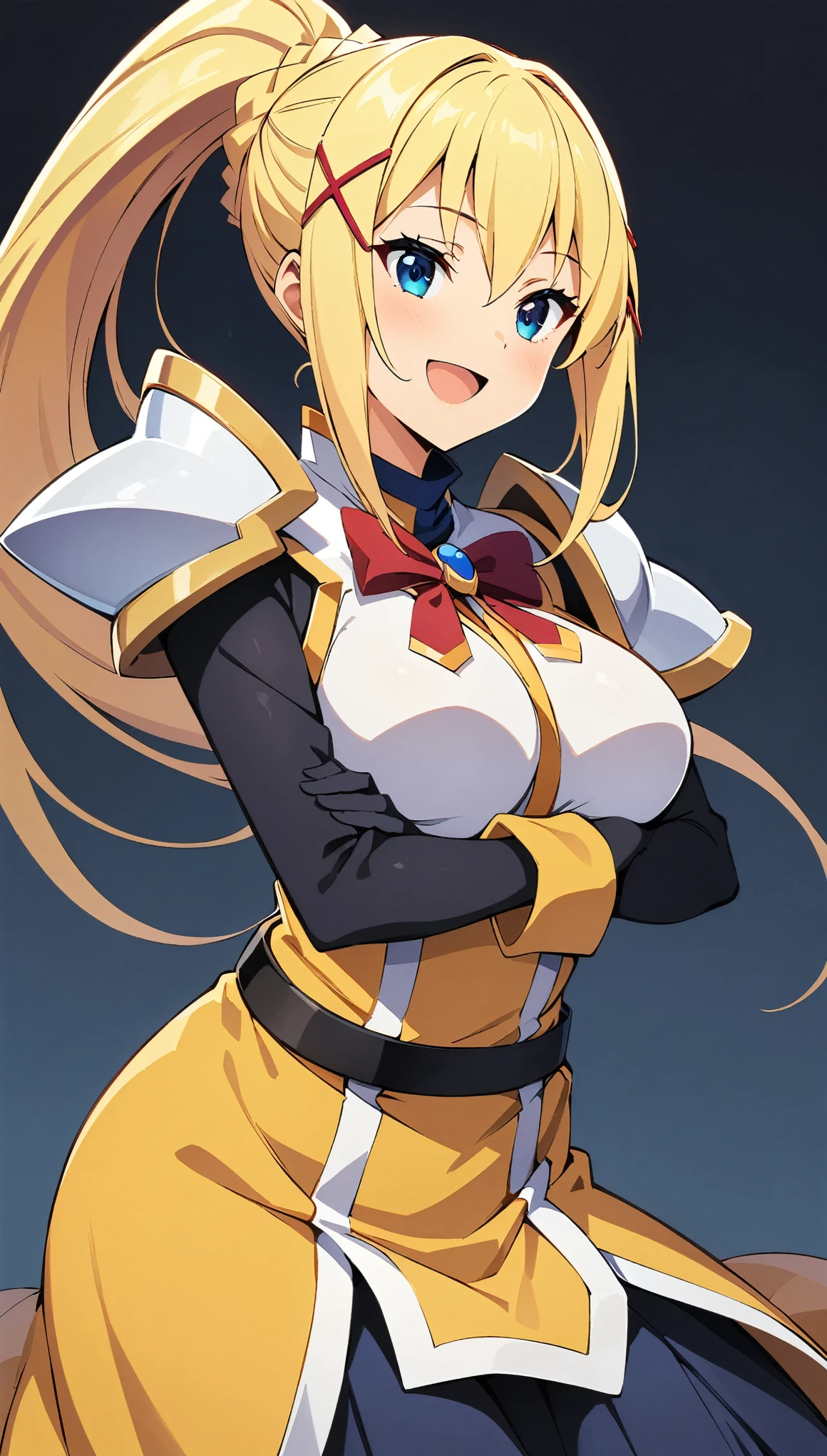 (highest quality:1.2, Anime artwork, Anime Style, Very detailed, Latest, Vibrant, digital coloring, High Contrast, masterpiece:1.2, highest quality, Best aesthetics), (((KonoSuba, KS Darkness, 1 female:1.2))), ((blonde, ponytail, x Hair accessories, White Armor, shoulder 鎧, Bodysuits, Black gloves, Yellow Dress, Black long skirt)), Open your mouth, smile, Random pose, Cowboy Shot, Simple Background.