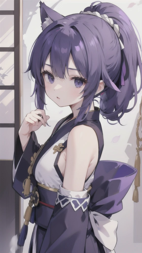 Navy blue short ponytail,black eyes,Wolf's ears,Purple Hanfu armor,longbow