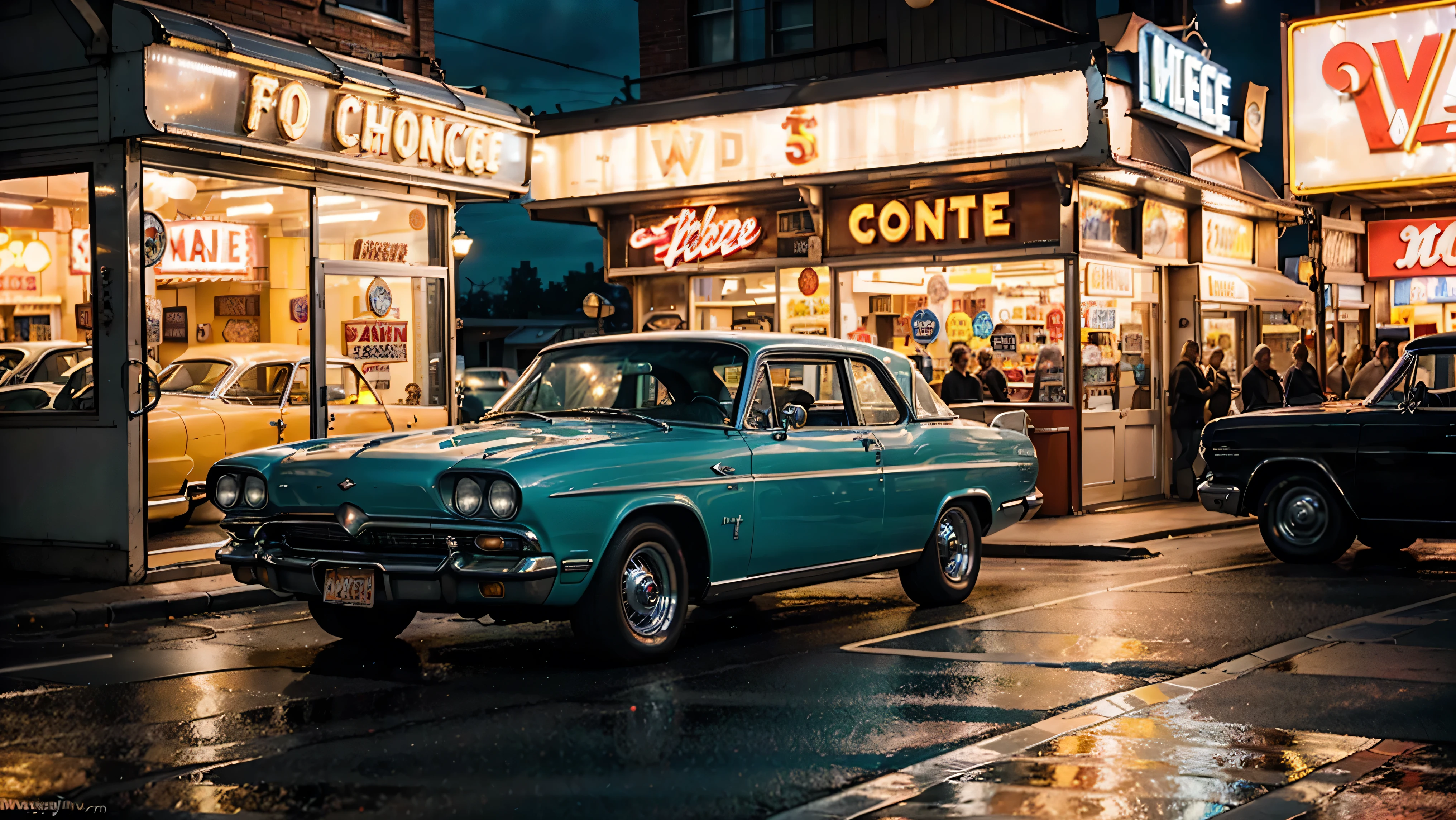 Craft an ultra-high-definition, hyper-realistic image capturing the ambiance of a retro 1960s convenience store at nighttime, paying meticulous attention to detail. Envision a scene illuminated by the warm glow of streetlights and neon signs, where customers and employees bustle about amidst the nostalgic backdrop of vintage advertisements and signage. In the heart of the composition, prominently feature a white classic car, drawing the eye with its timeless allure against the nocturnal backdrop. Your task is to meticulously render every element, from the intricate architecture of the store to the reflections dancing on the car's polished surface, achieving an unparalleled level of realism. Transport viewers to a bygone era, immersing them in the enchanting atmosphere of a retro nighttime convenience store through your masterful artistic interpretation. (sharp focus, professional lighting, vivid colors, intricate details, ultra-high definition, hyper-realistic, highly detailed, high quality, f5.6), (best quality,4k,8k,Highest,masterpiece:1.2),(realistic,photorealistic,photo-realistic:1.37), (extremely detailed CG unit, 8k wallpaper)