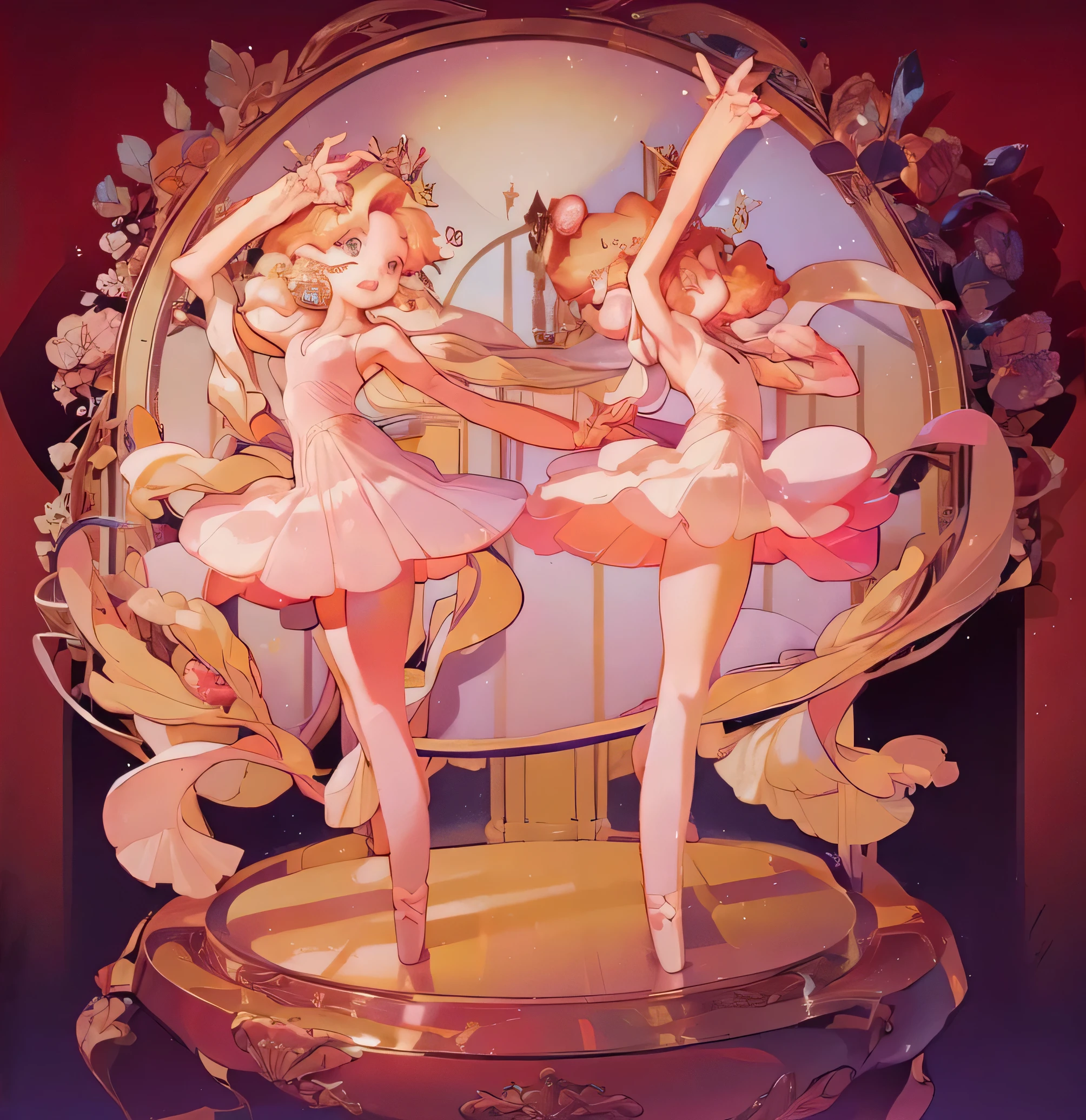 Two ballerinas dancing on a music box, pink tutus, tan skin, orange and brown hair, 2girls, ballet, grand, masterpiece, warm lighting, spotlight, enchanting, masterpiece, intense light