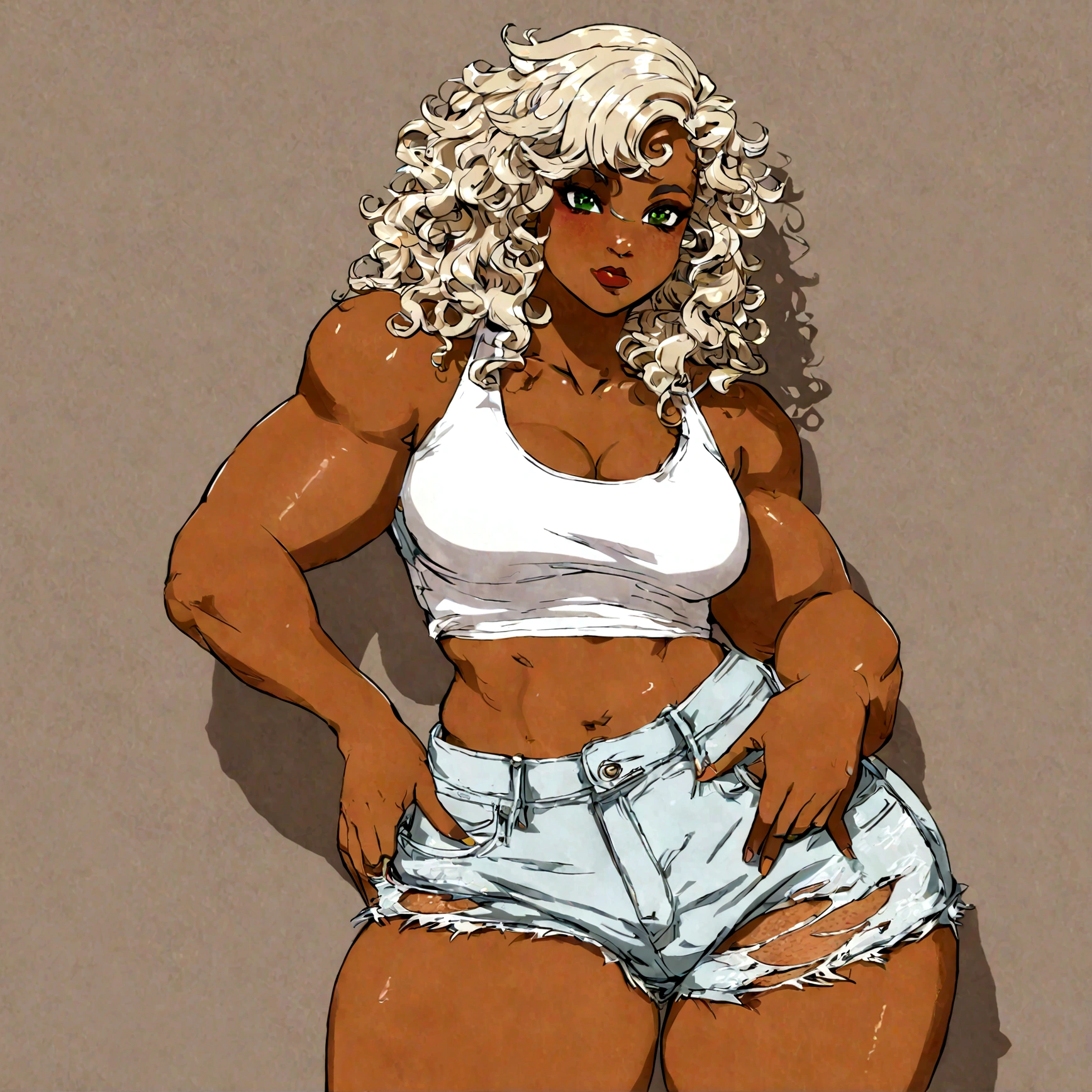 a very attractive ebony skinned female wearing a cropped white tanktop showing toned belly, is thicc, has green eyes has puffy curly hair, wearing torn jean shorts with fishnets showing