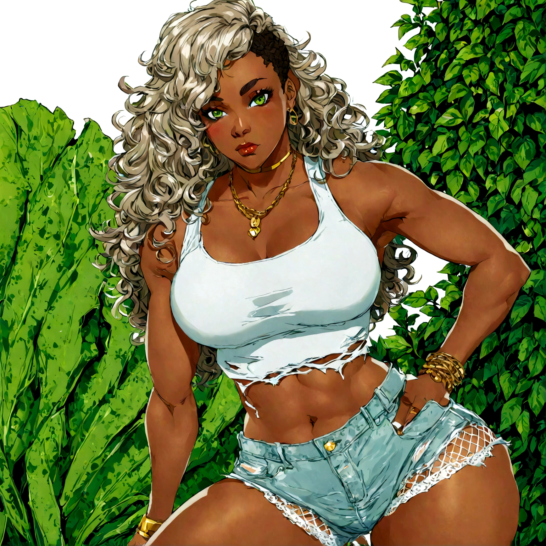 a very attractive ebony skinned female wearing a cropped white tanktop showing toned belly, is thicc, has green eyes has puffy curly hair, wearing torn jean shorts with fishnets showing