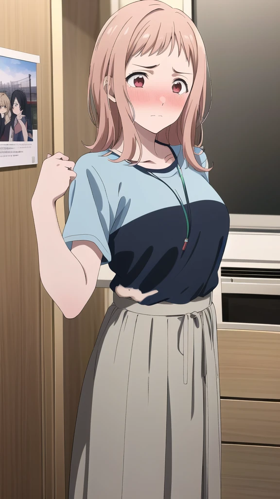 (masterpiece, 4K, highest quality, anime style: 1.9, Detailed face, Lovely, Bold Line, High resolution, anime, alone, 1 girl,Sakuragi Hand,(Troubled face),blush,Photo studio,shirt,skirt,Neat clothes