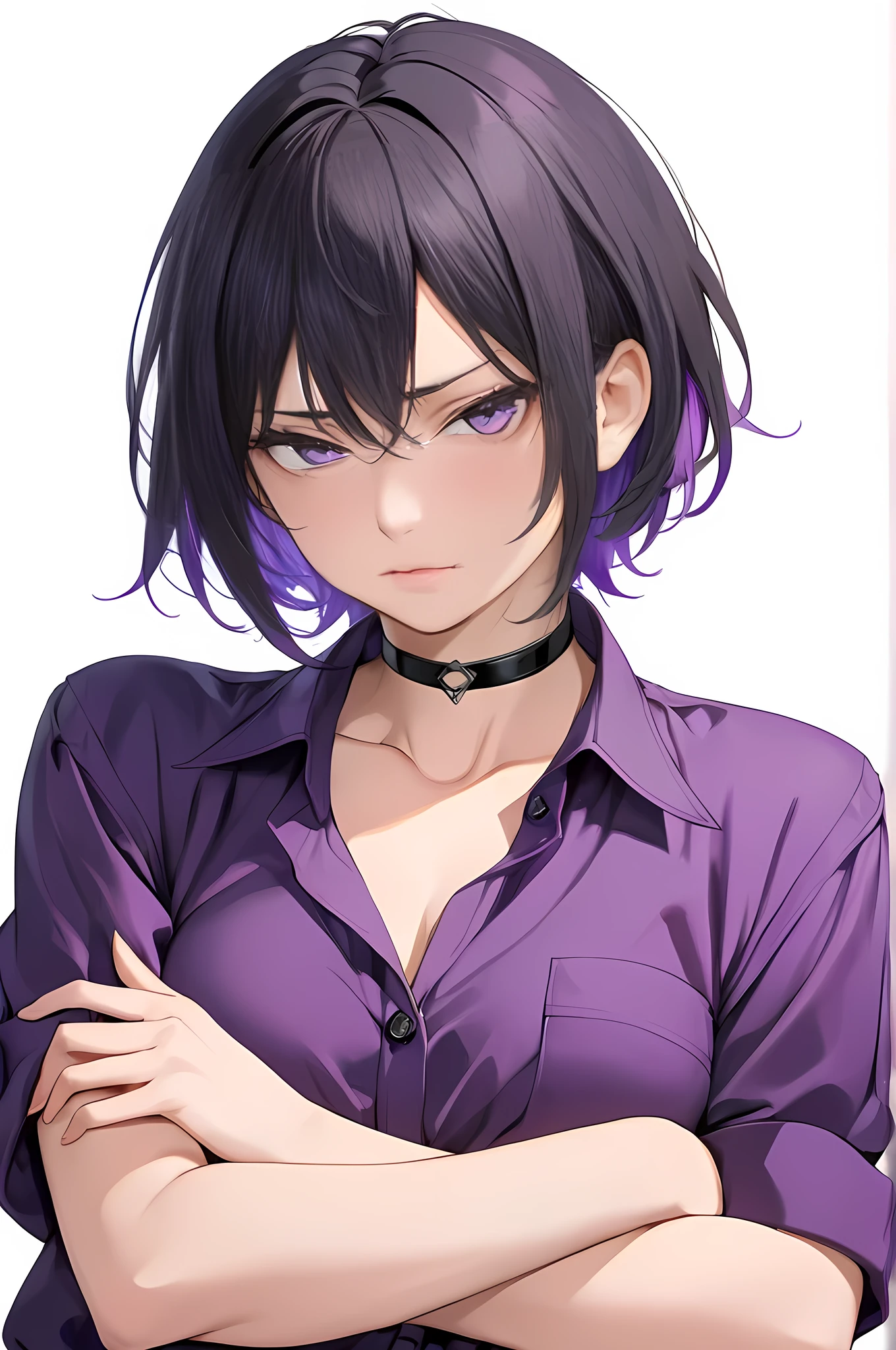 High-resolution anime digital art, Masterpiece, upper full body, tomboy, mature, sexy, smart, hair color black, short pitch black hair, real detail eyes pupil purple, long purple plain closed button shirt, black chokers, crossing both arms tightly over her chest, with a stern expression, narrowed eyes, and pursed lips. (simple background, white background)