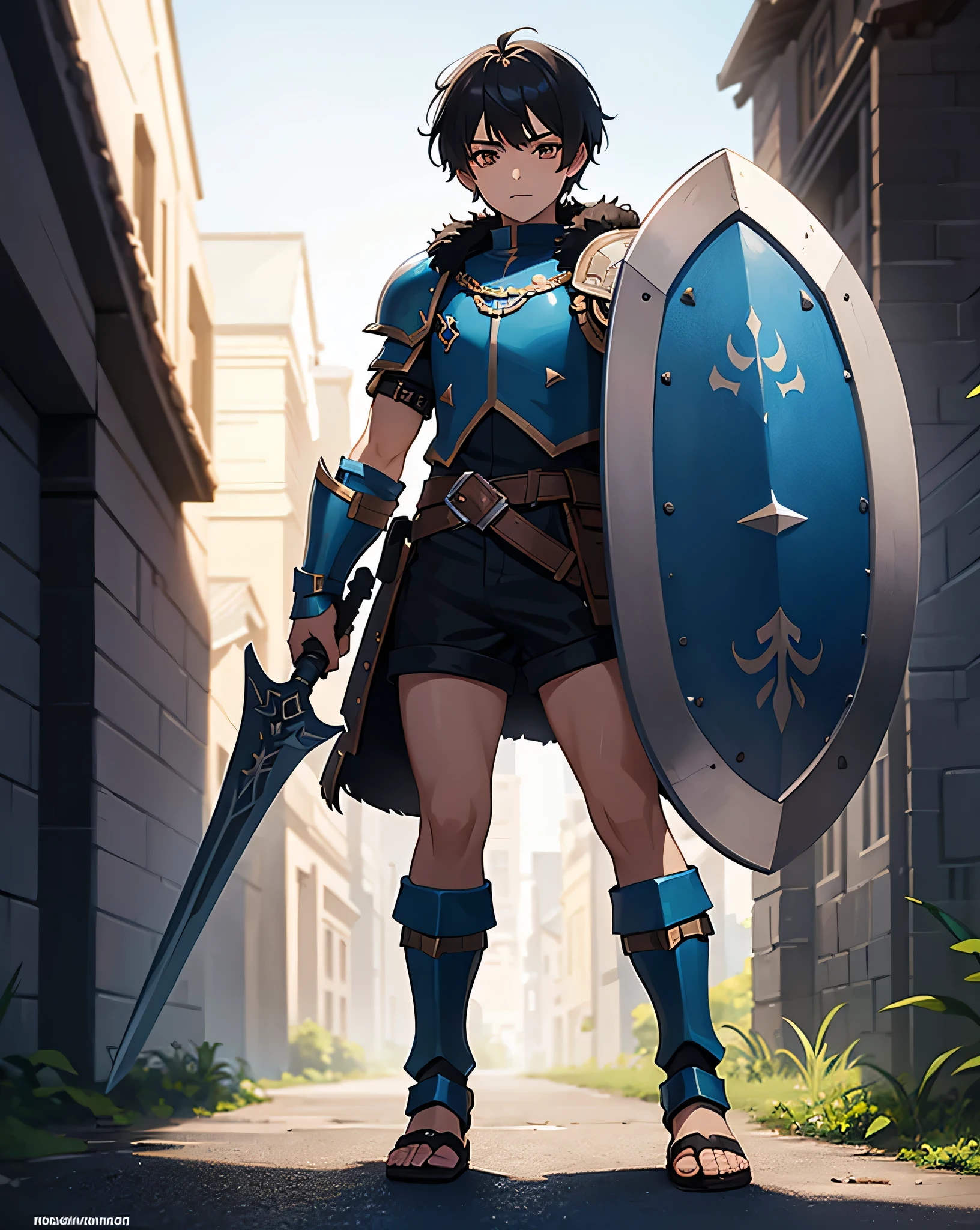 Young boy with black hair and brown eyes, happy, dressed in short neon-blue blue medieval barbarian clothes, fur shorts, light-battle armor, weilding silver sword and shield, sandals; fullbody; short hair, masculine