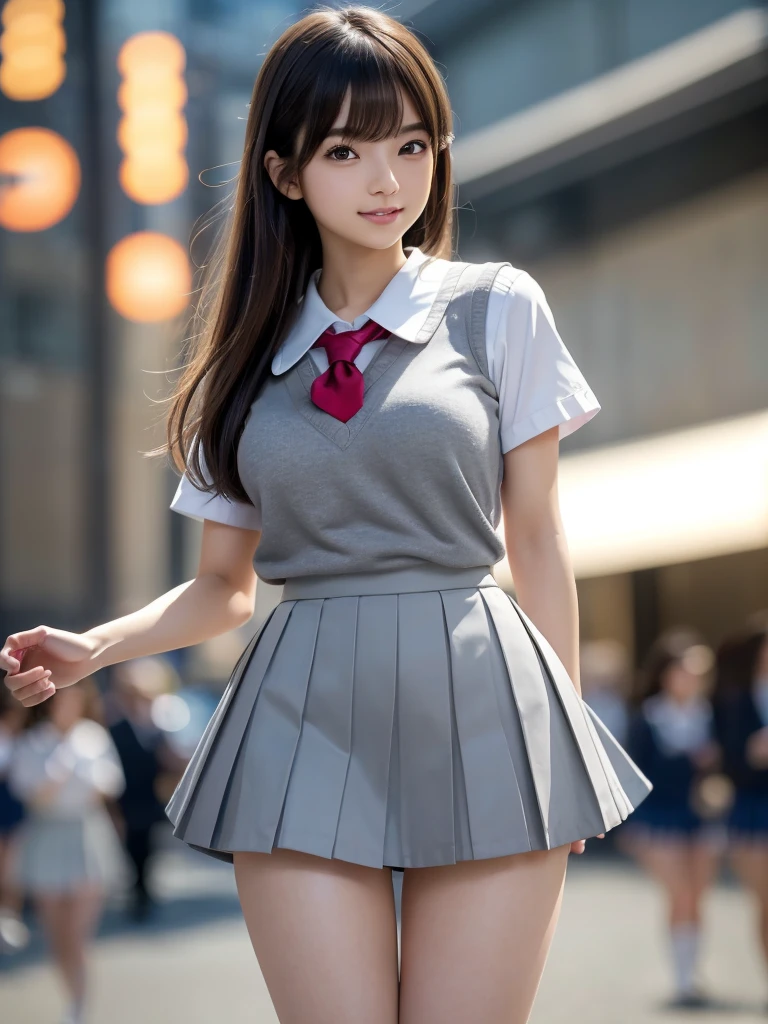(8k, RAW Photos, highest quality, masterpiece:1.2), (Realistic, photo-Realistic:1.4), (Highly detailed 8k wallpaper), Sharp focus, Depth of written boundary, Cinematic lighting, Soft Light,Eyes of delicate beauty,shiny smooth light brown Long Bob Hair, Asymmetrical bangs, Glowing Skin, Ultra-dense skin,High resolution, High Detail, Detailed hairstyle, Detailed facial beauty, hyper Realistic, Perfect limbs, Perfect Anatomy ,1 Japanese girl,Famous Japanese Idols, Perfect female body, Large Breasts,smile,Short eyelashes,double eyelid,Long Bob Hair, (school uniform : 1.3), (Micro Mini Skirt Grey Micro Mini Skirt:1.3),Watching the audience, (Crowded street:1.3),Cowboy Shot