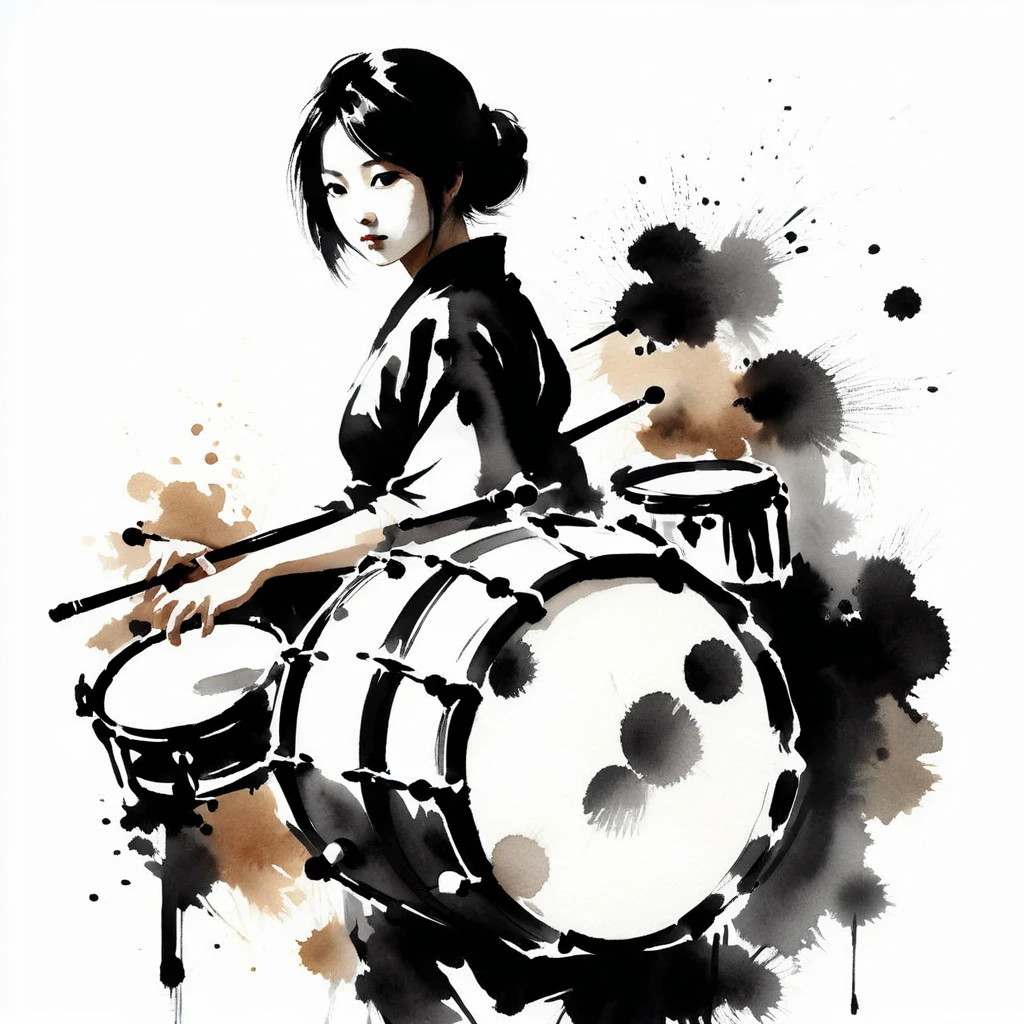 1girl,solo, looking at viewer,  Watercolor style,Japanese drums,sumi-e, masterpiece,best quality,extremely detailed,fine details,Zoom in,Beautiful posture