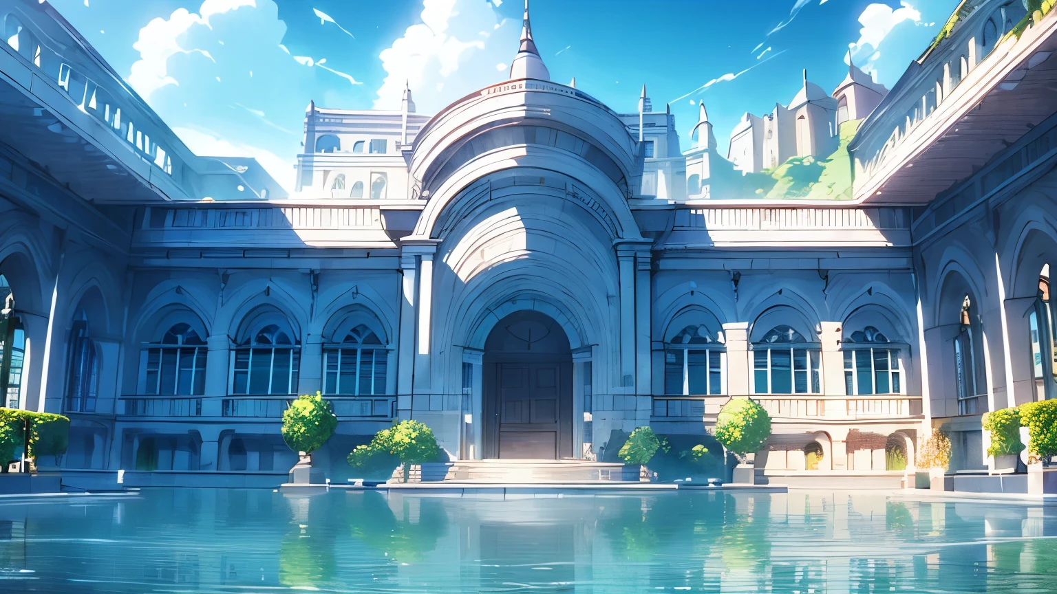 A mysterious museum,A white building surrounded by water