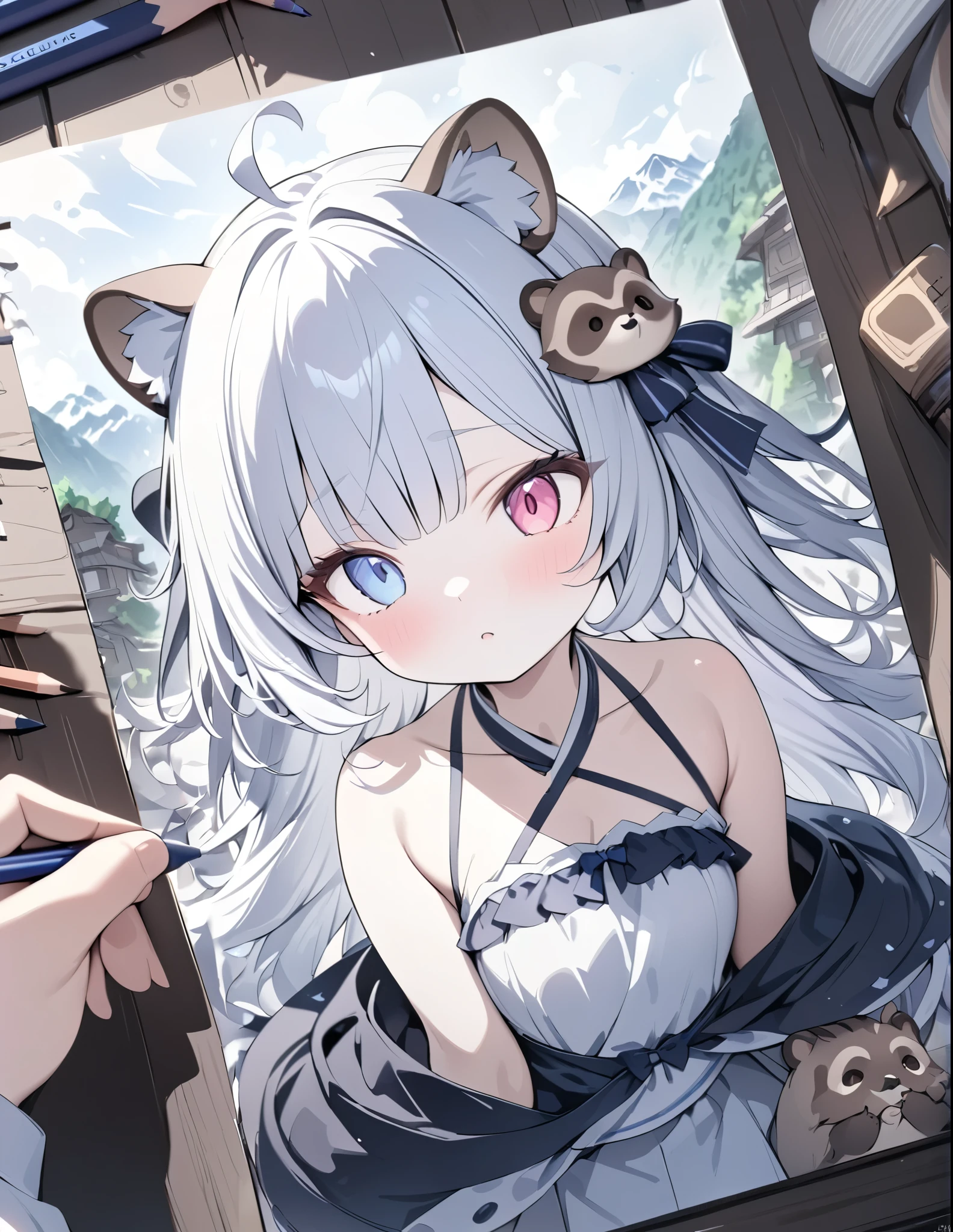 ((style:Colored pencil,pale colour)),UHD, high details, high quality, highres, best quality, 4K, 8k, award winning, masterpiece,Tanuki Village、Lots of cute raccoons、A tanuki transformed into a human girl、cute、In the mountains、15 years old