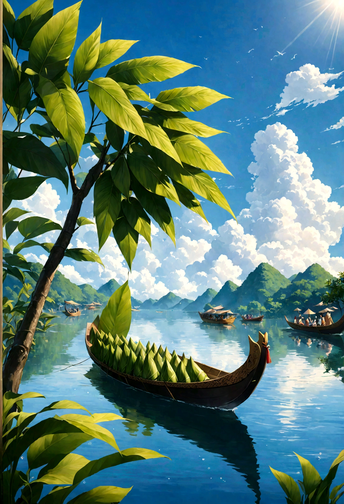 best quality,masterpiece,ultra high res,highres,delicate,8k wallpaper,soft light,official art,dragon boat festival,boat,leaf,zongzi,plant,sky,water