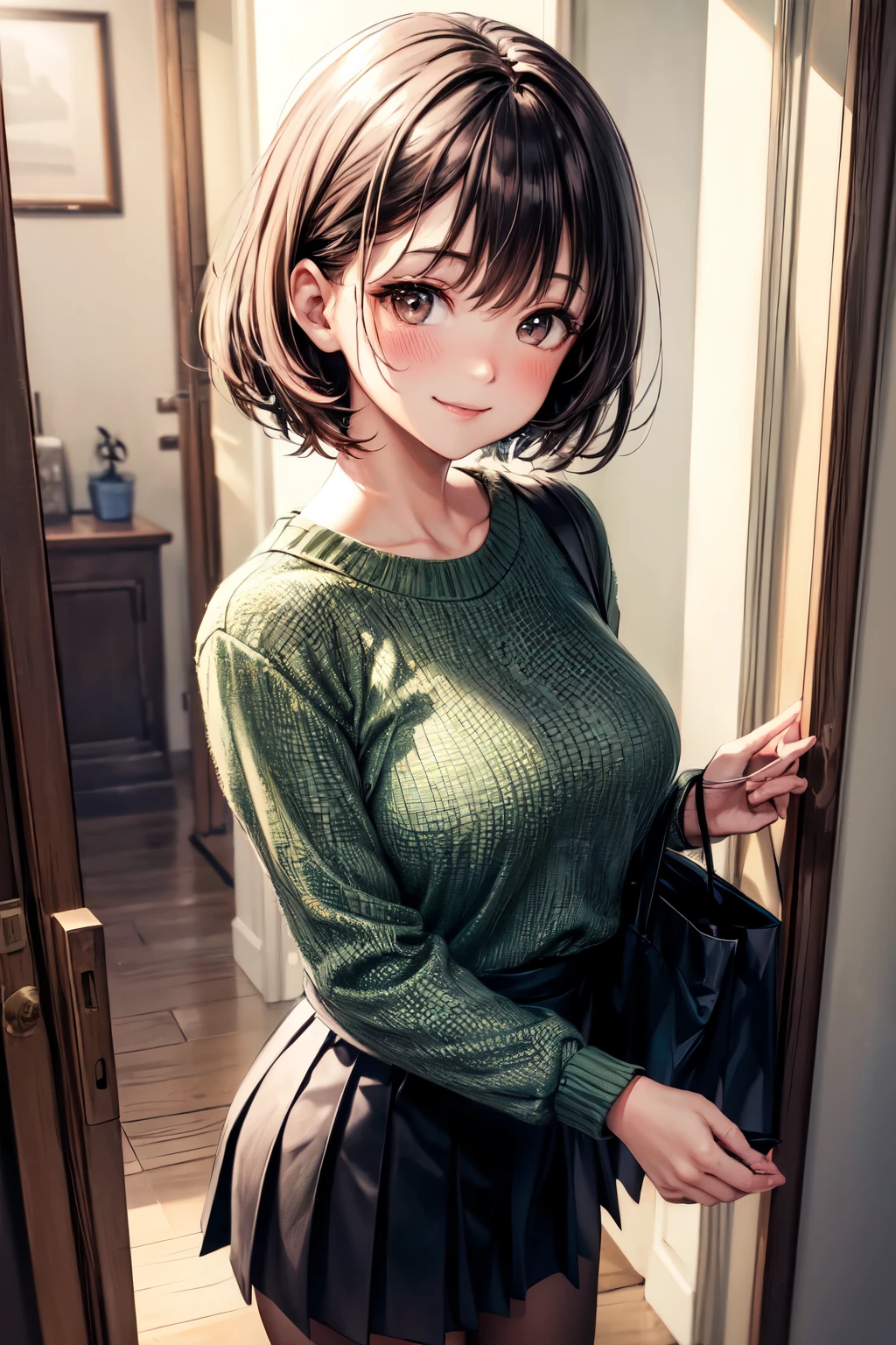 very cute and beautiful girl,(highly detailed beautiful face),
(smile),happy,blush,embarrassed,looking at viewer,
(green sweater:1.13),cowboy shot,pleated black mini skirt,
standing in house door,town view,holding tote bag,black hair,
(best quality,masterpiece),absurdres,highres,ultra-detailed,extremely detailed,32k,8k resolution,
intricate details,cinematic scene,detailed background,solo,dynamic angle,aesthetic darkbrown eyes,perfect hands,