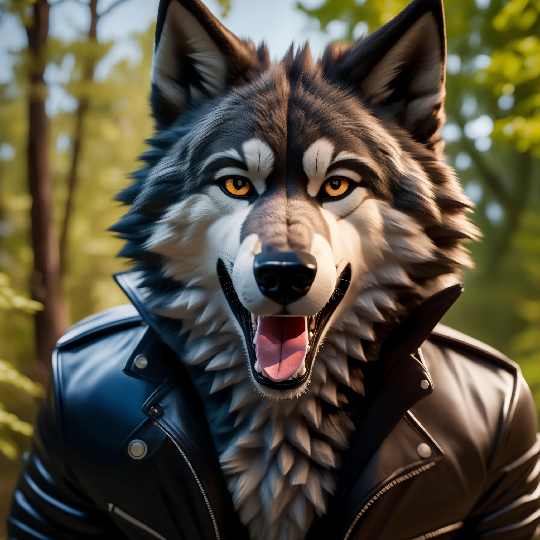 Posing, Male, 30 years old, playful wink, mouth open with tongue hanging out, black leather jacket, anthro, wolf ears, (black fur:1.5), wolf, forest background, 8k, hi res, (best quality, masterpiece), (wolf tail:1.5), detailed fur