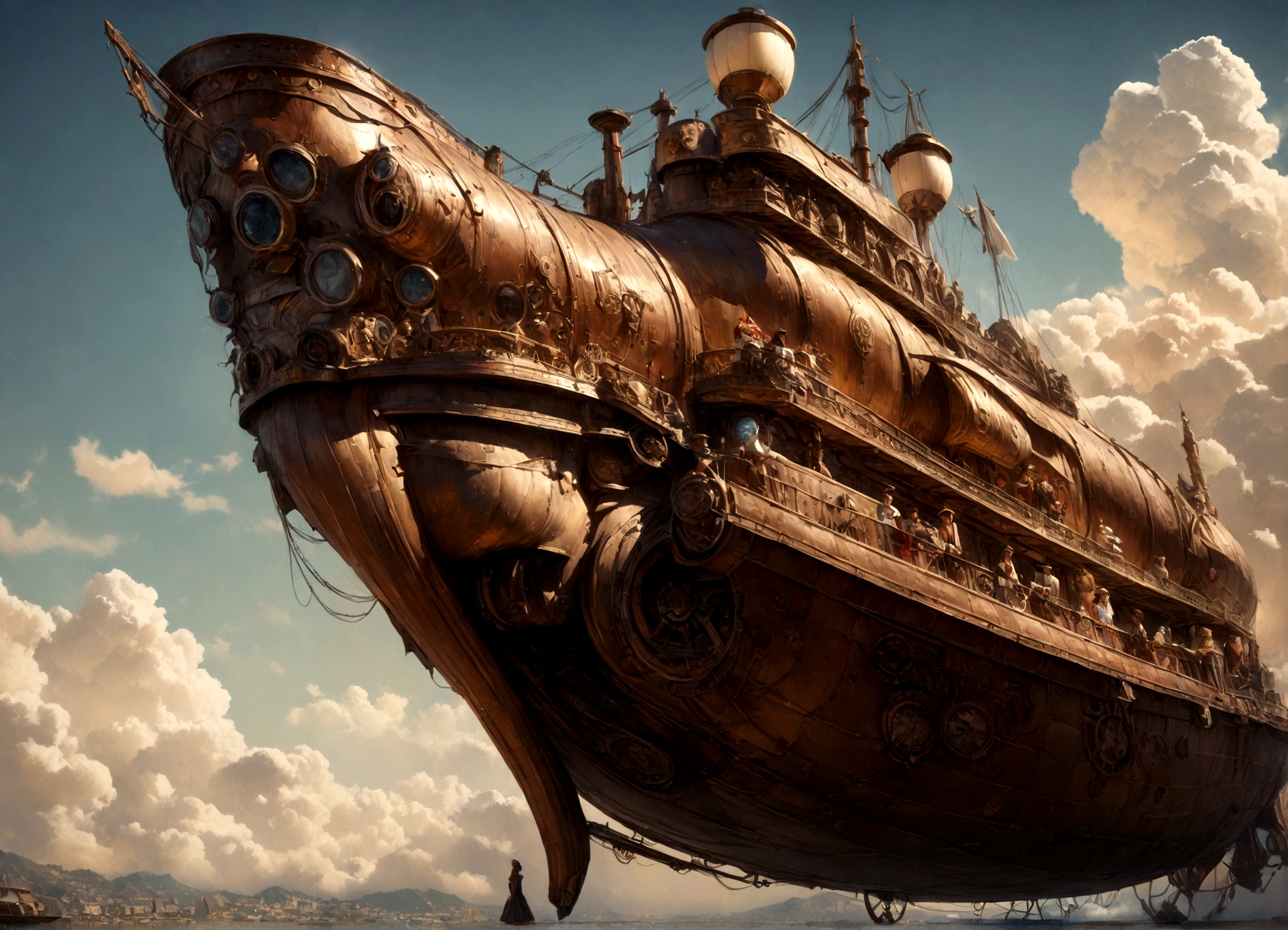 a lovely woman in an elegant dress with exposed breasts, a pug-themed steam-powered servant, piloting a hot air steamship draped with flowers and hearts, steampunk style, (best quality,4k,8k,highres,masterpiece:1.2),ultra-detailed,(realistic,photorealistic,photo-realistic:1.37),intricate details,cinematic lighting,warm color tones,romantic,whimsical,elegant,steampunk machinery,steam power,steam clouds,ornate airship,floral accents,heart-shaped decorations,beautiful detailed eyes,beautiful detailed lips,extremely detailed eyes and face,longeyelashes