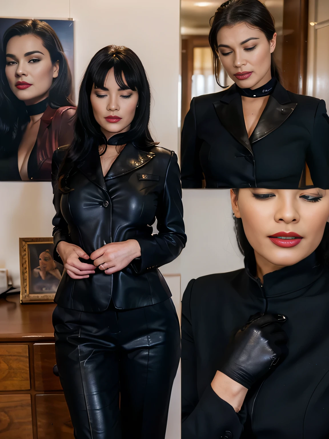 The secretary of the boss, 25 years old, Bettie Page, (( with a man behind her )) ponytail, black hair, completly dressed in a Navy blue wool blend trouser suit with peak lapels, red lipstick, ((detailed black leather gloves)), face down on the desk making love (( perfect size penis)) (( eyes closed)) perfect body, perfect penis, 4k, , (HD) (( three sided view, ))