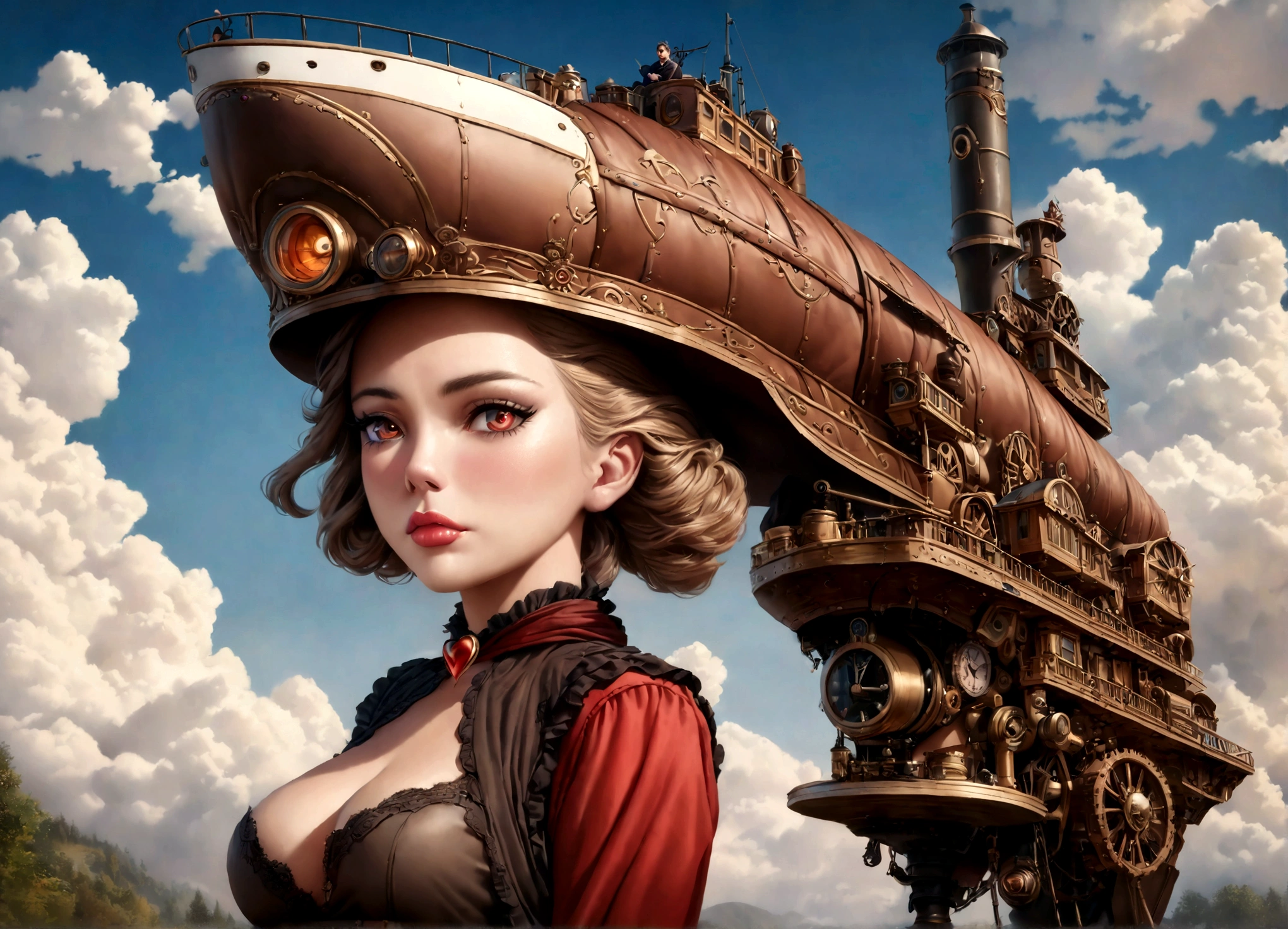 a lovely woman in an elegant dress with exposed breasts, a pug-themed steam-powered servant, piloting a hot air steamship draped with flowers and hearts, steampunk style, (best quality,4k,8k,highres,masterpiece:1.2),ultra-detailed,(realistic,photorealistic,photo-realistic:1.37),intricate details,cinematic lighting,warm color tones,romantic,whimsical,elegant,steampunk machinery,steam power,steam clouds,ornate airship,floral accents,heart-shaped decorations,beautiful detailed eyes,beautiful detailed lips,extremely detailed eyes and face,longeyelashes
