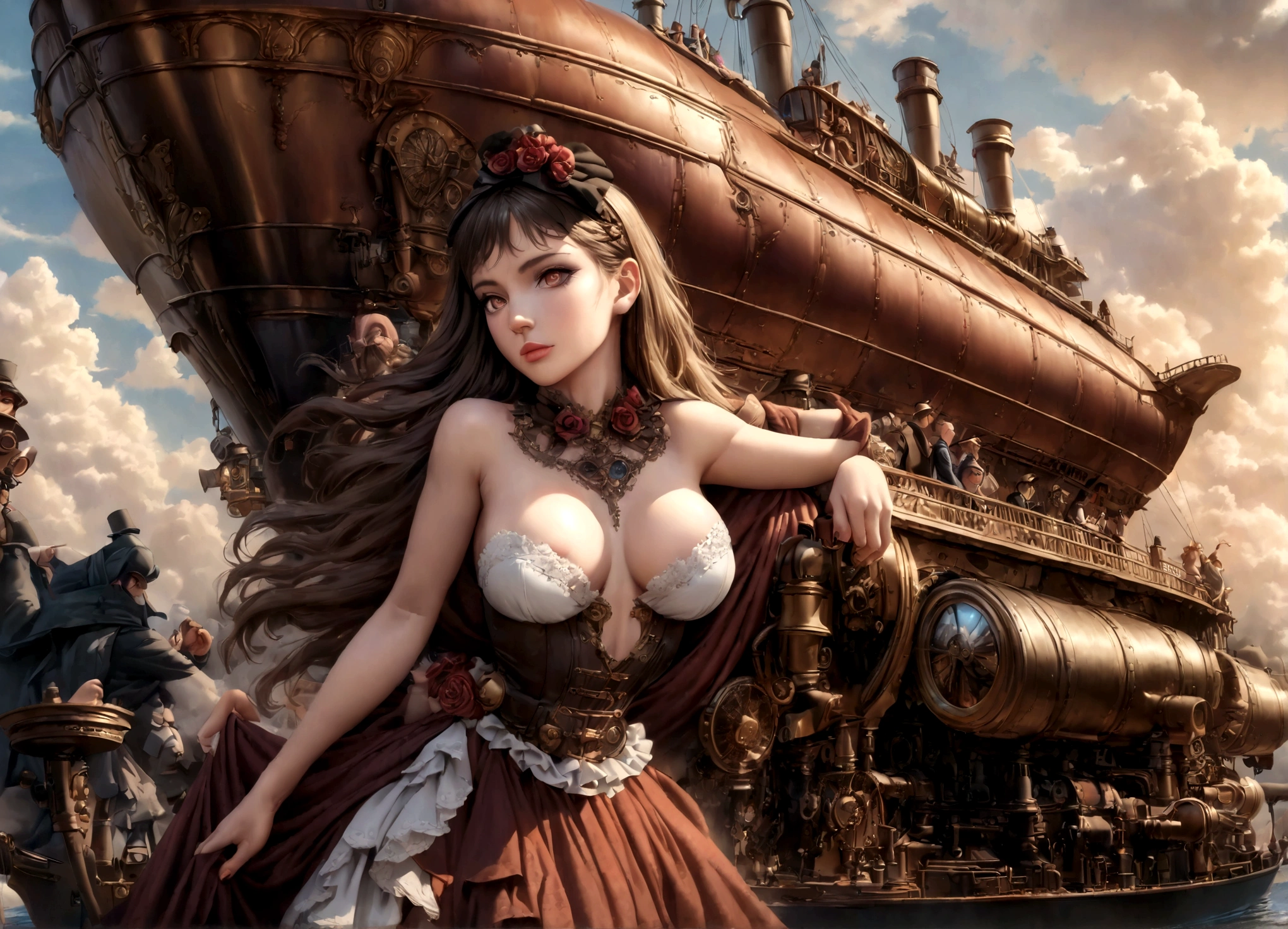 a lovely woman in an elegant dress with exposed , a pug-themed steam-powered servant, piloting a hot air steamship draped with flowers and hearts, steampunk style, (best quality,4k,8k,highres,masterpiece:1.2),ultra-detailed,(realistic,photorealistic,photo-realistic:1.37),intricate details,cinematic lighting,warm color tones,romantic,whimsical,elegant,steampunk machinery,steam power,steam clouds,ornate airship,floral accents,heart-shaped decorations,beautiful detailed eyes,beautiful detailed lips,extremely detailed eyes and face,longeyelashes
