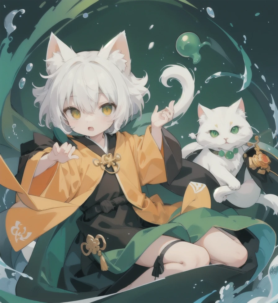 Yi，White cat，There is a round green jade stone on the chest，Wearing black and orange robes