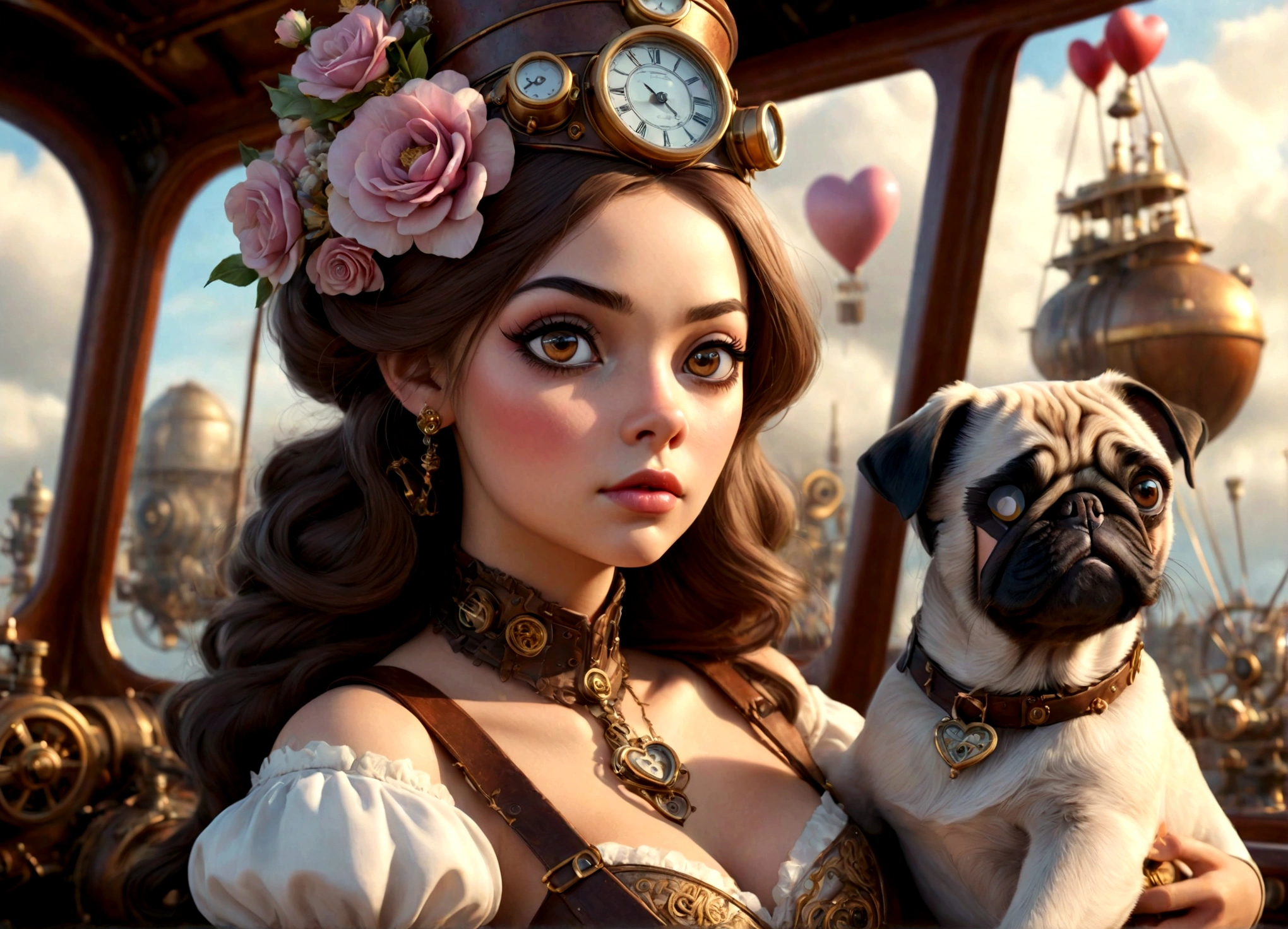 a lovely woman in an elegant dress with exposed breasts, a pug-themed steam-powered servant, piloting a hot air steamship draped with flowers and hearts, steampunk style, (best quality,4k,8k,highres,masterpiece:1.2),ultra-detailed,(realistic,photorealistic,photo-realistic:1.37),intricate details,cinematic lighting,warm color tones,romantic,whimsical,elegant,steampunk machinery,steam power,steam clouds,ornate airship,floral accents,heart-shaped decorations,beautiful detailed eyes,beautiful detailed lips,extremely detailed eyes and face,longeyelashes
