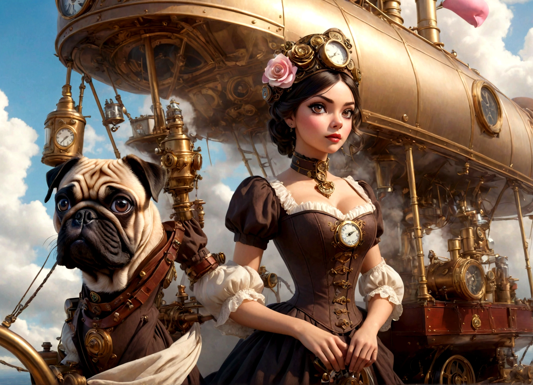 a lovely woman in an elegant dress with exposed breasts, a pug-themed steam-powered servant, piloting a hot air steamship draped with flowers and hearts, steampunk style, (best quality,4k,8k,highres,masterpiece:1.2),ultra-detailed,(realistic,photorealistic,photo-realistic:1.37),intricate details,cinematic lighting,warm color tones,romantic,whimsical,elegant,steampunk machinery,steam power,steam clouds,ornate airship,floral accents,heart-shaped decorations,beautiful detailed eyes,beautiful detailed lips,extremely detailed eyes and face,longeyelashes