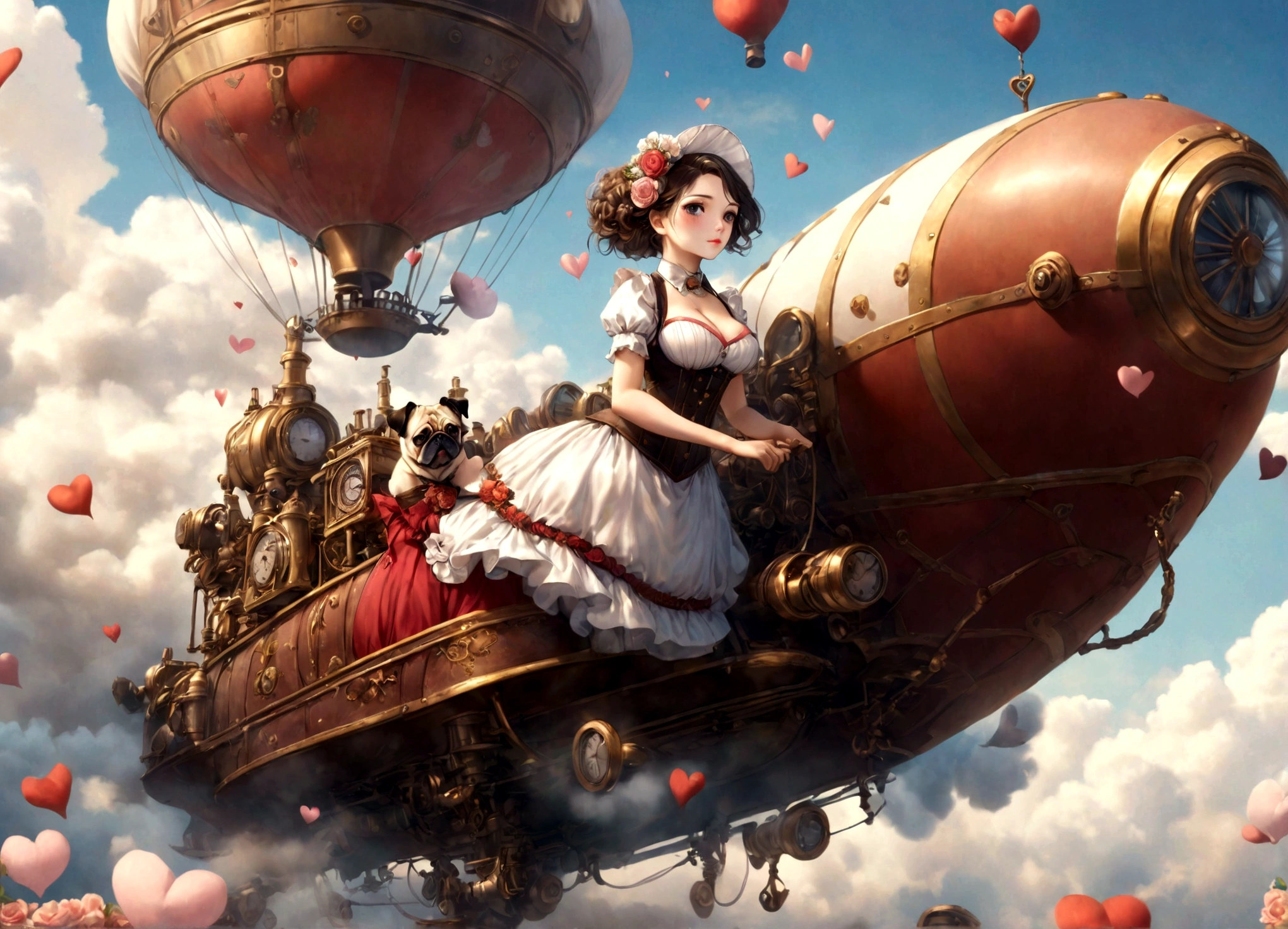 a lovely woman in an elegant dress with exposed breasts, a pug-themed steam-powered servant, piloting a hot air steamship draped with flowers and hearts, steampunk style, (best quality,4k,8k,highres,masterpiece:1.2),ultra-detailed,(realistic,photorealistic,photo-realistic:1.37),intricate details,cinematic lighting,warm color tones,romantic,whimsical,elegant,steampunk machinery,steam power,steam clouds,ornate airship,floral accents,heart-shaped decorations,beautiful detailed eyes,beautiful detailed lips,extremely detailed eyes and face,longeyelashes