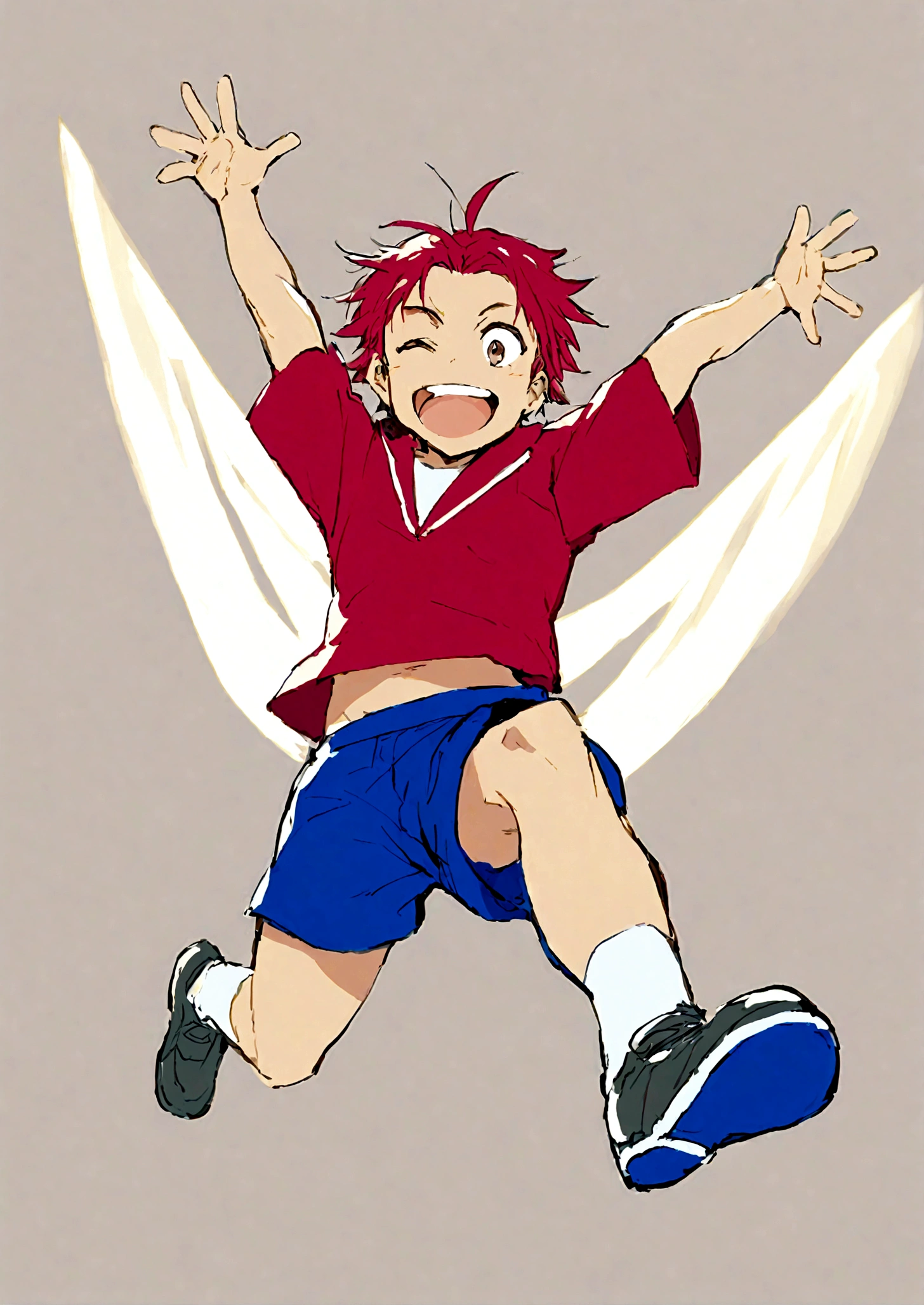 1boy,jump,Arms open,One eye closed,One eye open,Hands raised,Hands in the air,whole body,Male focus,shorts,Simple background,Smile,solo,Wave,Hiroyuki Nobi