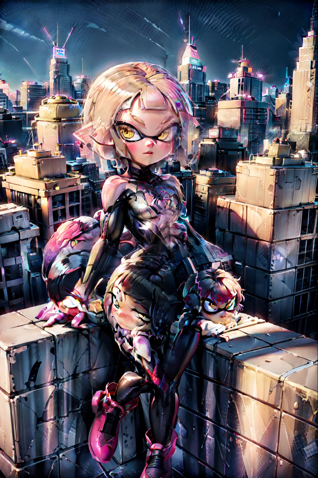 Real Anime、3D、((Splatoon Girl))、Cosplayed as Spider-Gwen, Golden tentacle hair、Golden Eyes、Short hair tentacle hair、 New York skyline background at night, Rooftop shelf, , Spiderman, soldier , (Unmasked), ,(spider-gwen suit)、