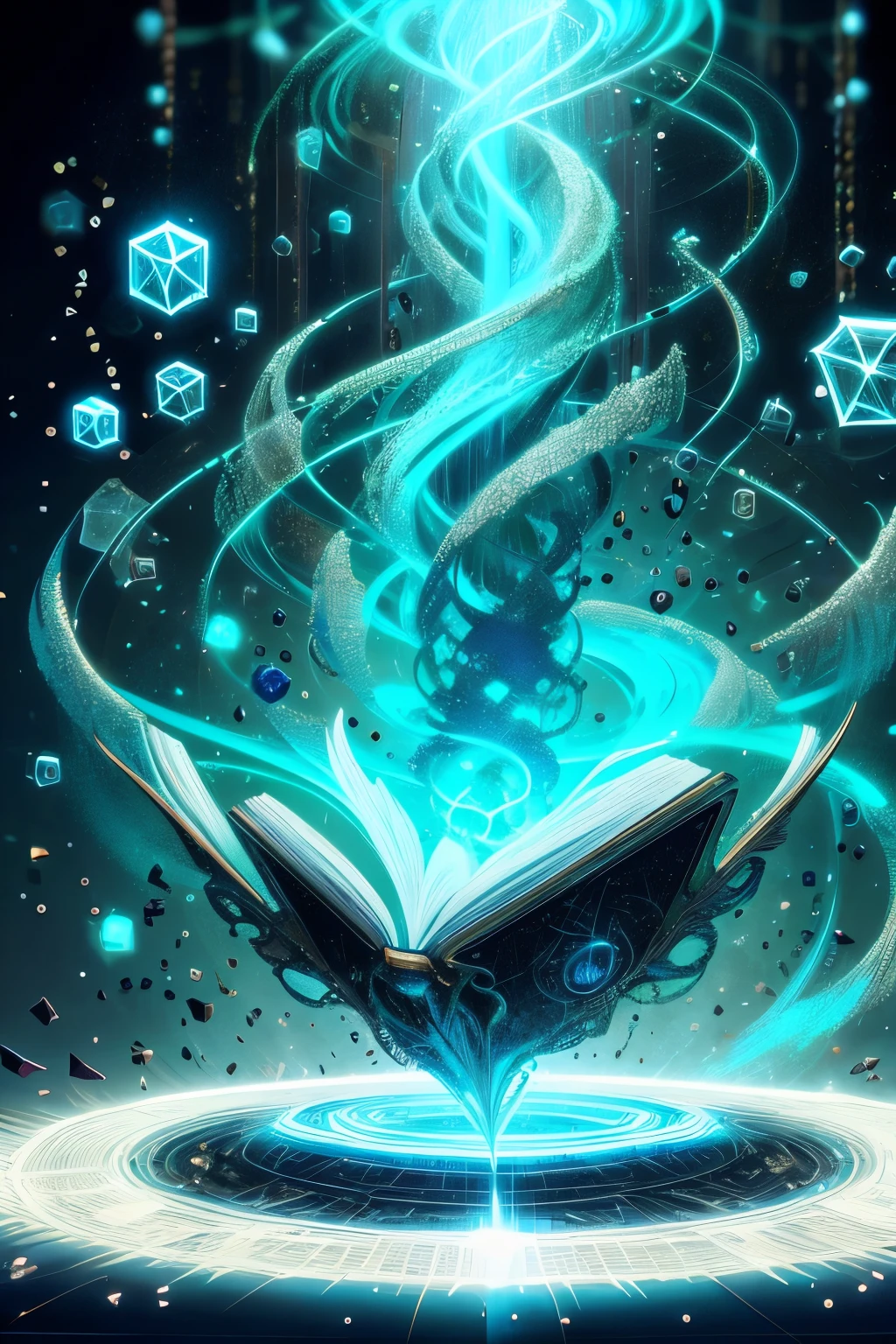 Magic of Creation , Constructo fragmentado ,Particle Flow, ethereal creation , grimorio, A book of spells on a mystical cover., tachonado con una gema,icono de juego,obra maestra,mejor calidad,ultra detallado,obra maestras,
 