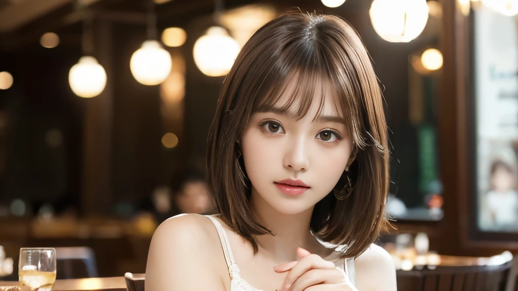 (masterpiece, Very detailed, Very detailed, Exquisite, 16k, Confused), woman, 19 years old, glamorous, (Fresh breeze:1.4), Looking at the audience, short hair, Messy Hair, Diagonal bangs, Brown Hair, Brown eyes, Upper Body, Cinema Lighting, Blurry background in focus, inside a stylish cafe, Urban Cafe 