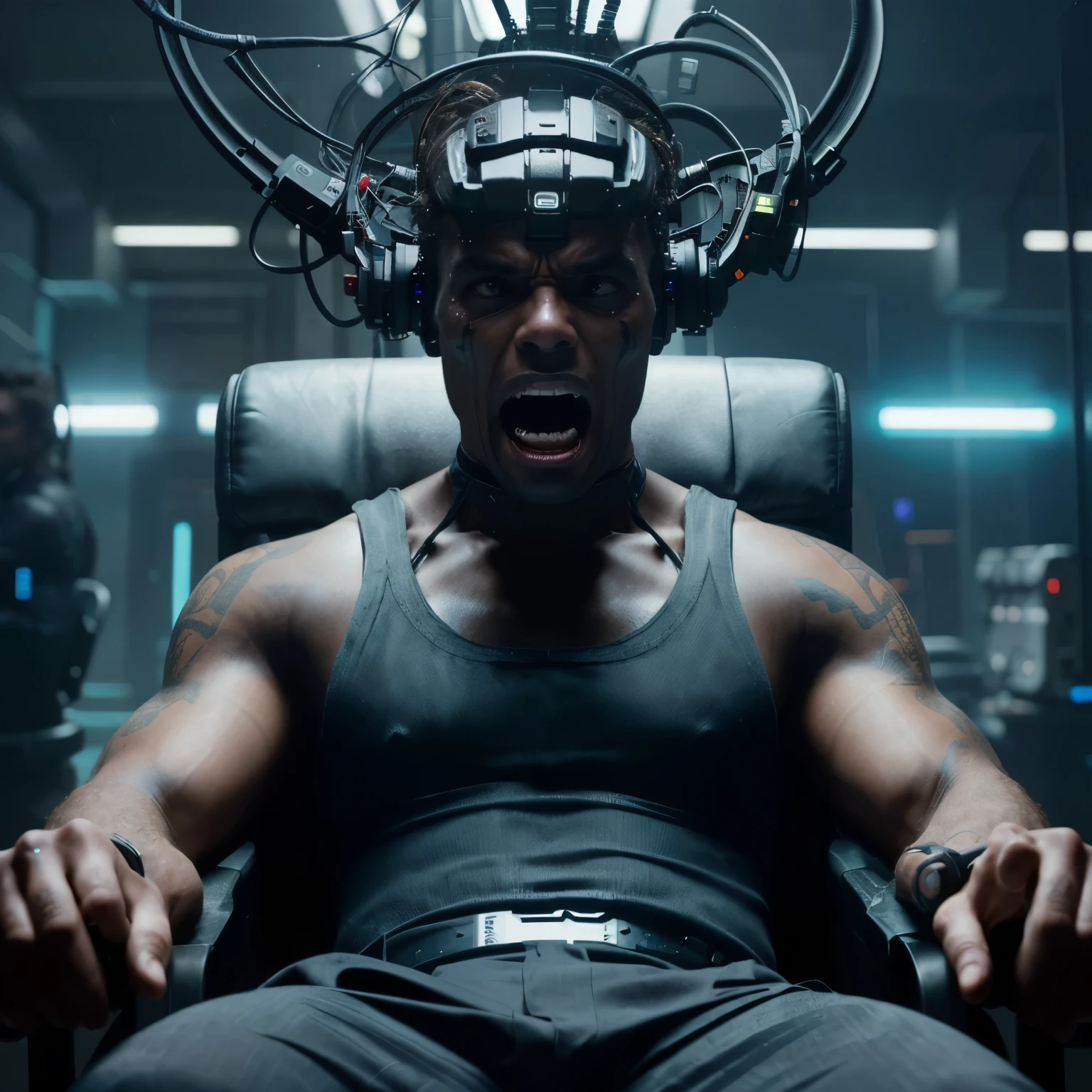 a close up of a man screaming in a chair with a machine on his head, altered carbon style, from a 2 0 1 9 sci fi 8 k movie, black mirror series