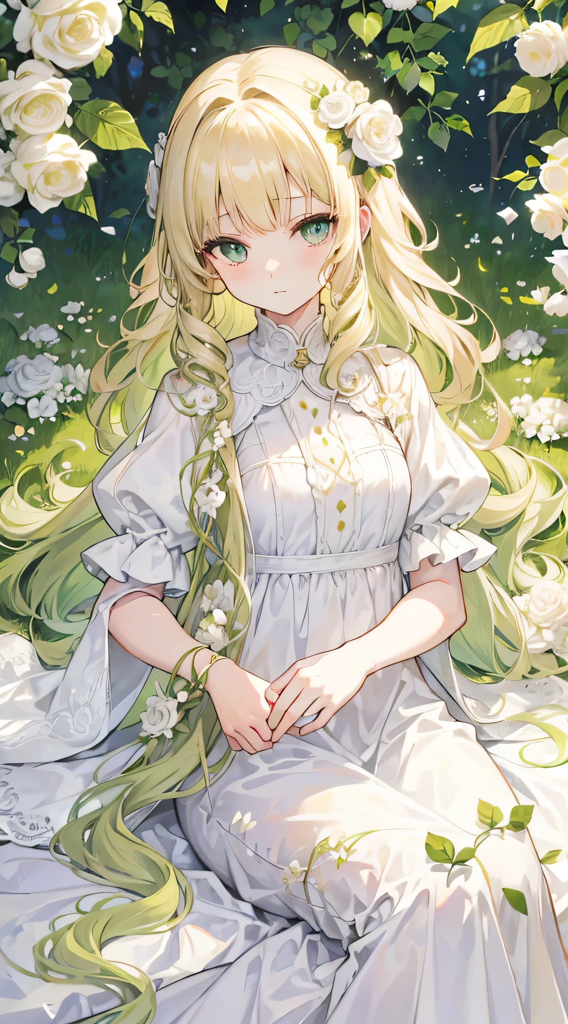 Blonde、Long Hair、Green Eyes、Curly Hair、Curly Hair、Lady、White flower、White Dress、sunlight、Fluffy bangs、Curly bangs、Curly bangs