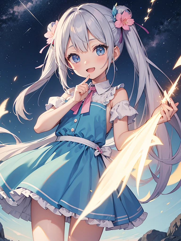 highest quality、Masterpiece、A meteor shower pouring down into the night sky、One girl、Chibi Character、biceps、Gray Hair、Hair tied up、Light blue and pink dress、Big Eyes、Open mouth smile、Standing pose