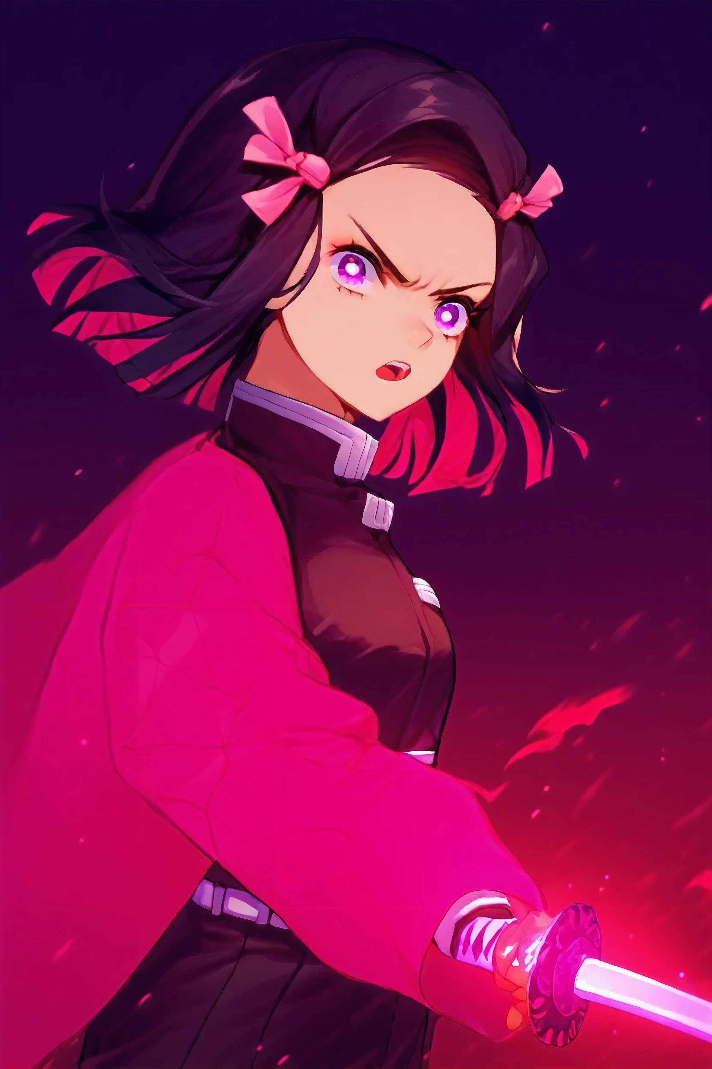 score_9, score_8_up, score_7_up, score_6_up, score_5_up, score_4_up, source_anime,  nezukorps, 1girl, solo,close up,slashing,fighting stance,black hair, medium hair,purple eyes,white pupils,small breasts,(pink haori),pink coat, demon slayer uniform, black jacket, black pants,(pink flaming katana,fire,holding katana, flames),two-tone hair,pink hair ribbon,frown, open mouth, open mouth, dark background, night,asa no ha \(pattern\), (from side:0.8)  