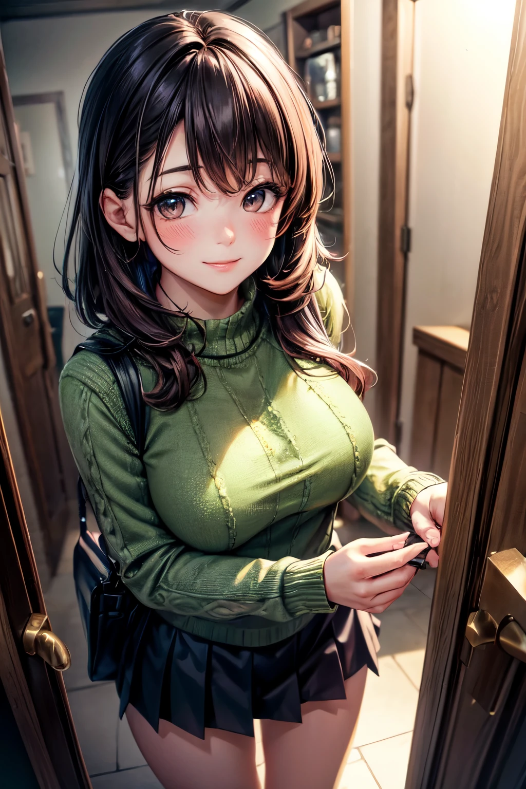 very cute and beautiful girl,(highly detailed beautiful face),
(smile),happy,blush,embarrassed,looking at viewer,
(green sweater:1.13),cowboy shot,pleated black mini skirt,
standing in house door,town view,holding tote bag,black hair,
(best quality,masterpiece),absurdres,highres,ultra-detailed,extremely detailed,32k,8k resolution,
intricate details,cinematic scene,detailed background,solo,dynamic angle,aesthetic darkbrown eyes,perfect hands,