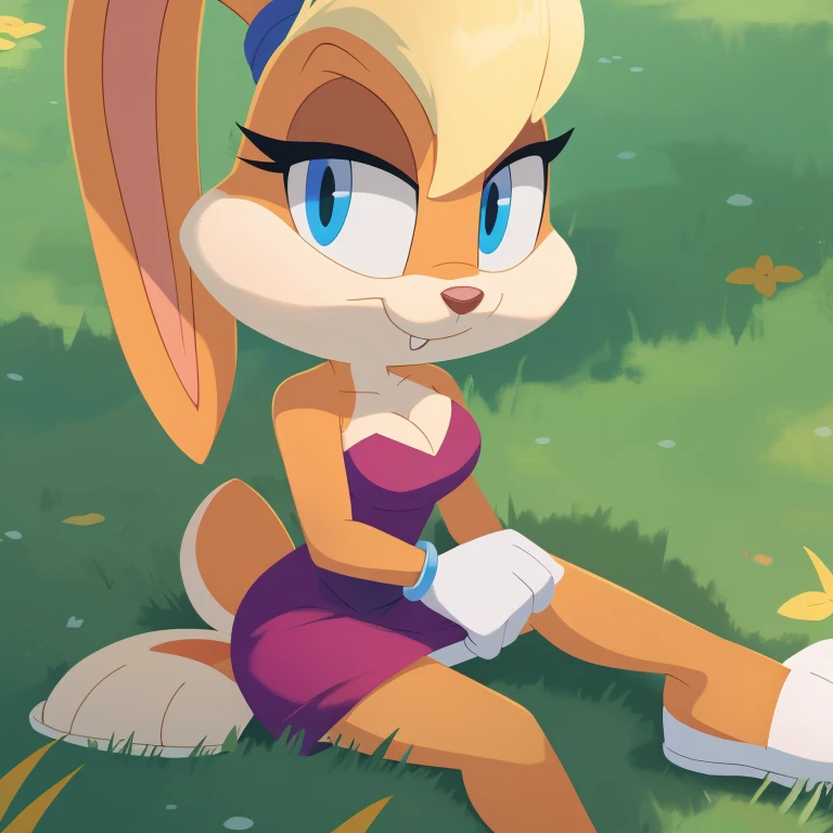 masterpiece, high quality, UHD, Lola Bunny, attractive, gorgeous body, strapless dress, cleavage, jewelry, sitting on the grass, pose, close up, 