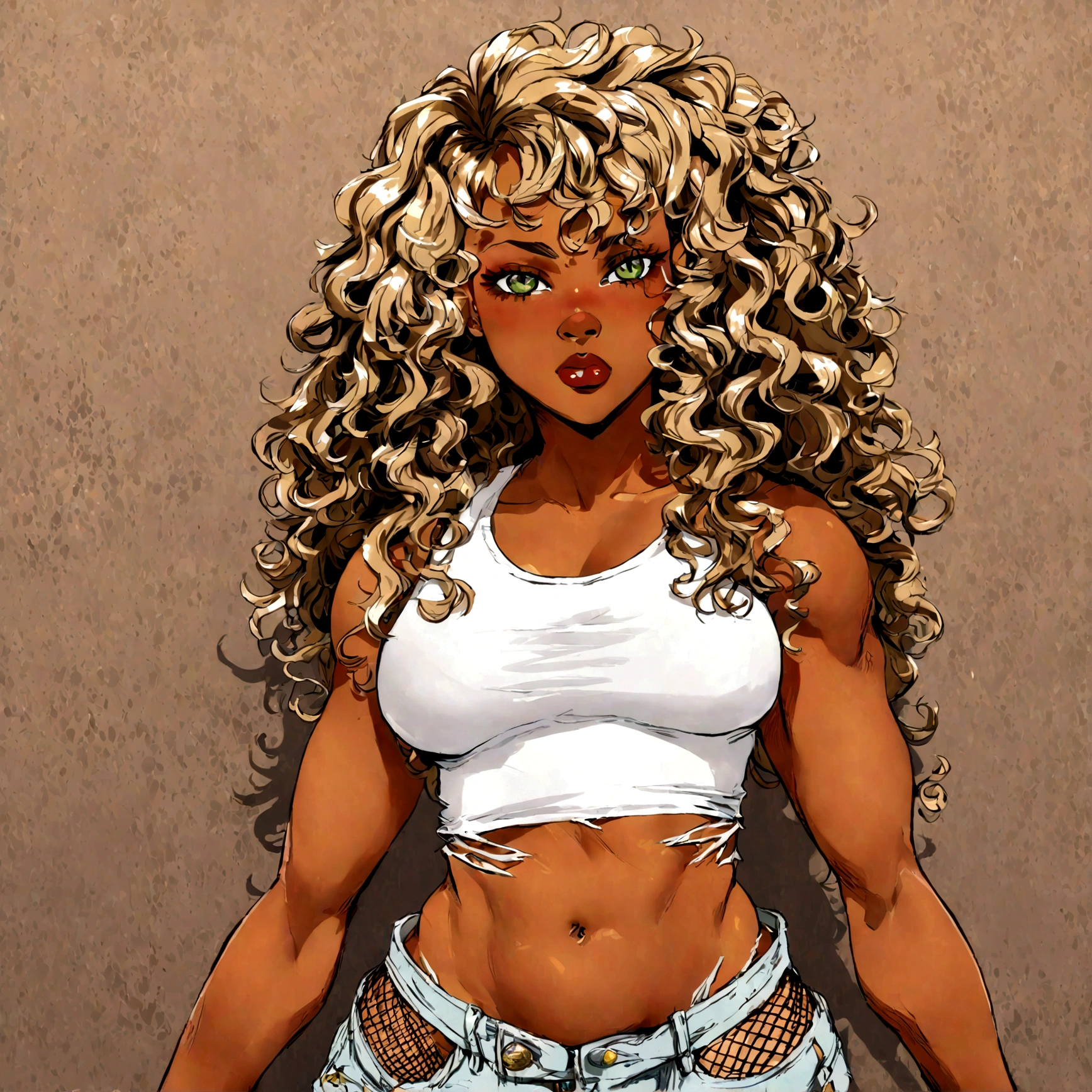 a very attractive ebony skinned female wearing a cropped white tanktop showing toned belly, is thicc, has green eyes has puffy curly hair, wearing torn jean shorts with fishnets showing