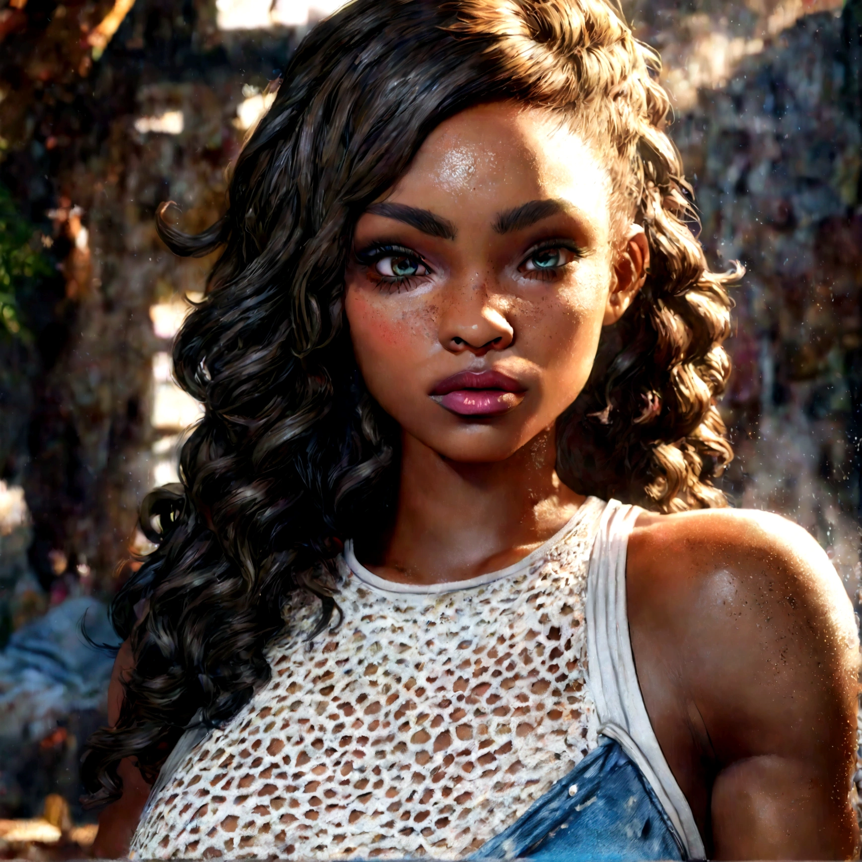 a very attractive ebony skinned female, 1girl, beautiful detailed eyes, beautiful detailed lips, puffy curly hair, green eyes, toned belly, cropped white tanktop, torn jean shorts, fishnet stockings, thicc, (best quality,4k,8k,highres,masterpiece:1.2),ultra-detailed,(realistic,photorealistic,photo-realistic:1.37),portrait,vibrant colors,dramatic lighting