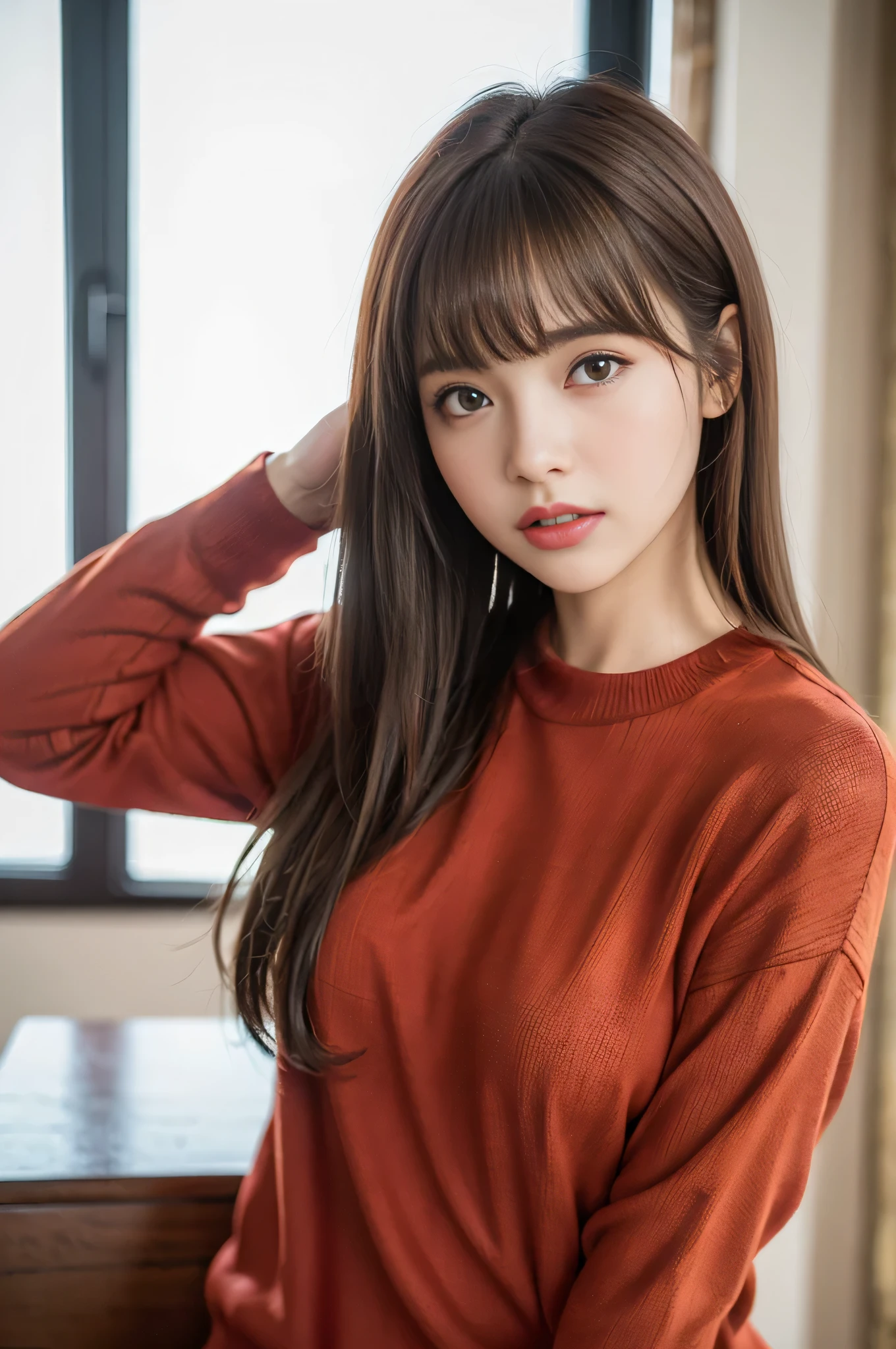Random pose、highest quality、超A high resolution、(Photorealistic:1.5)、1 girl、Red sweater、(Brown Hair:1.2)、Upper Body、bangs、classroom、View your viewers、Close-up、
